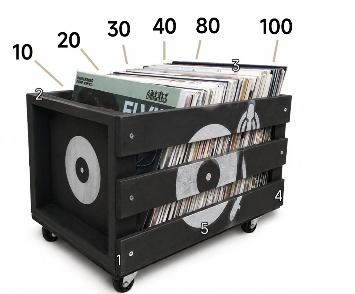 12'' LP Houten Krat Op Wielen Voor Vinyl Opslag - Tot 100 LP'S