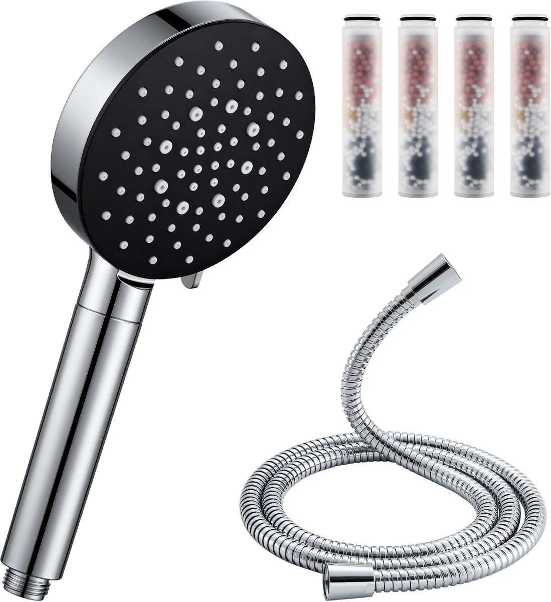 Cecipa Max Douchekop met Hoge Druk en Filter - Douchekop Regendouche - 6 Sproeistanden - Luxe Moderne Handdouche - inclusief 4 Filters - 150 cm Slang - Waterbesparende - Chroom+Zwart