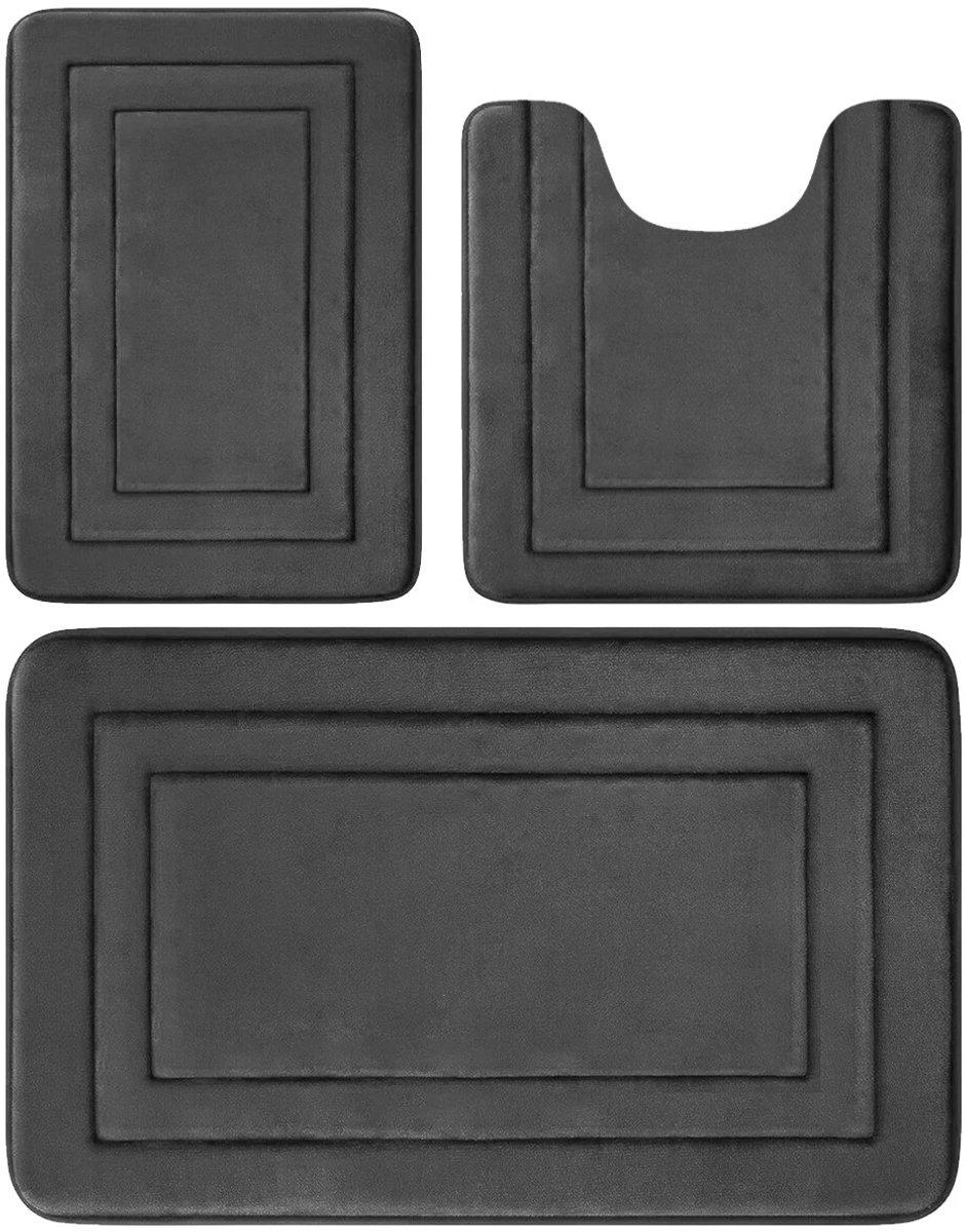 Badkamermattenset - Driedelige set - Badkamerkleed - Antislip en comfortabel - Vloermat - Douchemat voor thuis - Geschikt voor elke badkamer - Donkergrijs