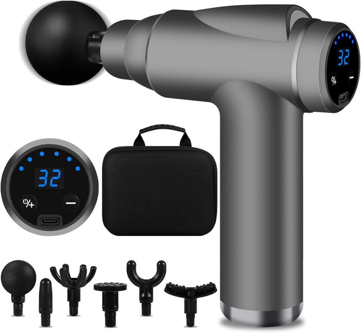 RWB® Massage Pistool - Massagepistool - Massage Gun - 32 Snelheden - 6 Massagekoppen- Grijs-15 cm x 5 cm x 20 cm