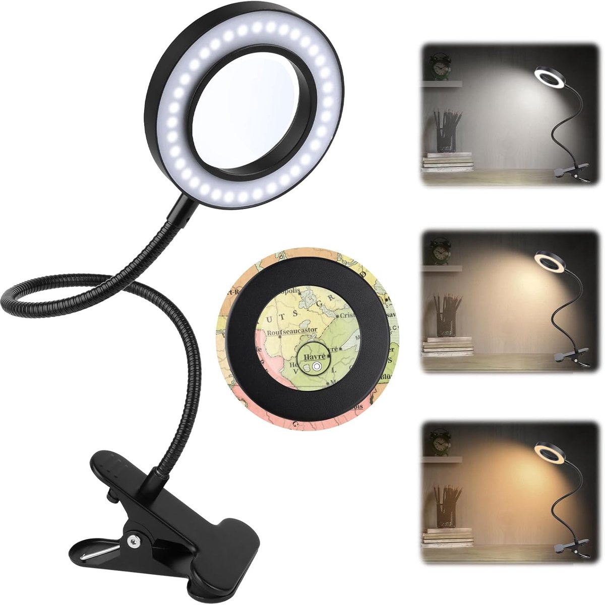 Thijox - 5x Vergrootglas met Licht, 3 Modi, 10 Dimniveaus, Flexibele Zwanenhals Klemlamp voor Kantoor, Thuisgebruik, Lezen, Reizen, Slaapkamer, Comput