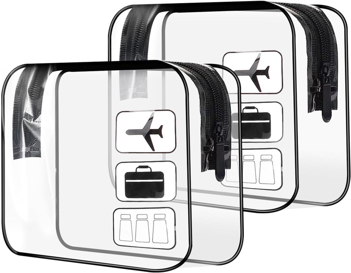 Thijox - 2 Stuks Transparante Vliegtuigzakjes voor Vloeistoffen en Cosmetica, TSA-getest, Handbagage, Lekvrij, Herbruikbare Toilettas, Zwart, Ideaal v