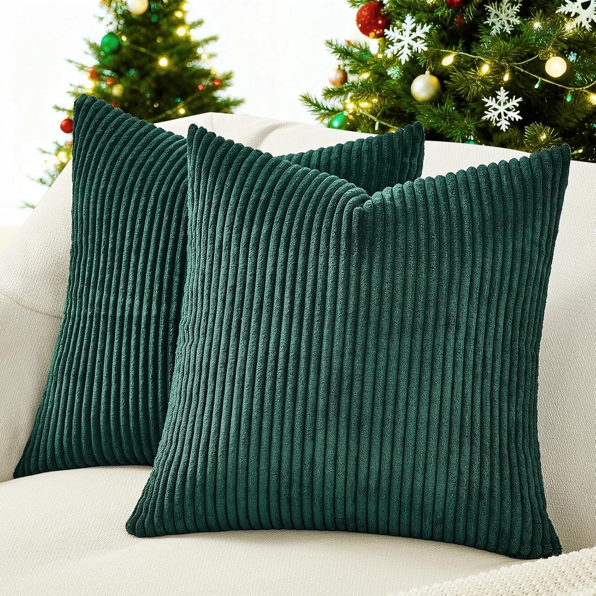 SnelShoppen - Kussenslopen 45 x 45 cm set van 2, donkergroen corduroy gestreept patroon, sierkussen voor bank en slaapkamer, decoratief kussen voor wo