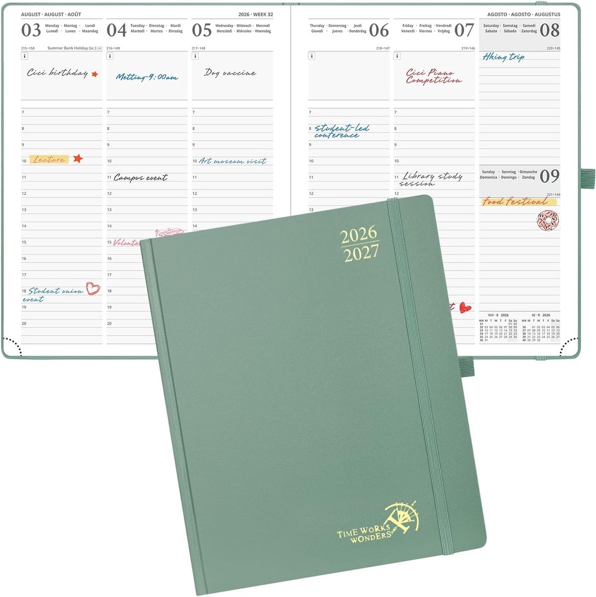 SnelShoppen - Agenda 2026 2027 Weekplanner Verticaal 26,5 x 21,5 cm - Schoolplanner Harde Kaft met 30 Minuten Intervallen - 17 Maanden Augustus 2026 -