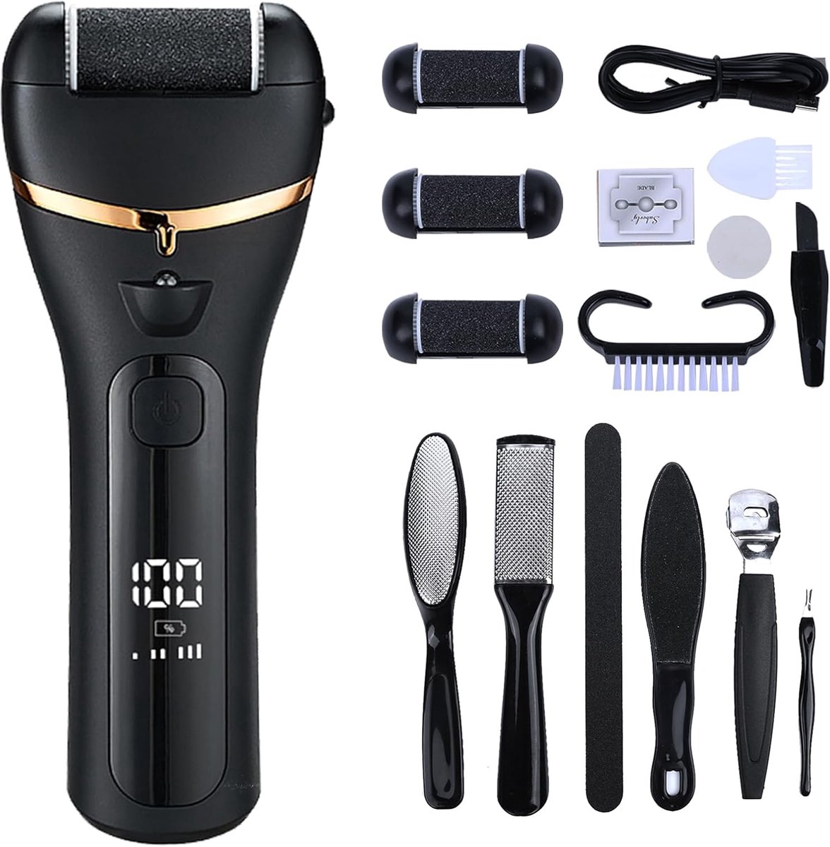 SnelShoppen - Elektrische Eeltverwijderaar, 10-in-1 Pedicure Set, IPX7 Waterproof, 3 Snelheden, Zwart, Voor Zachte Voeten en Diepe Voetverzorging