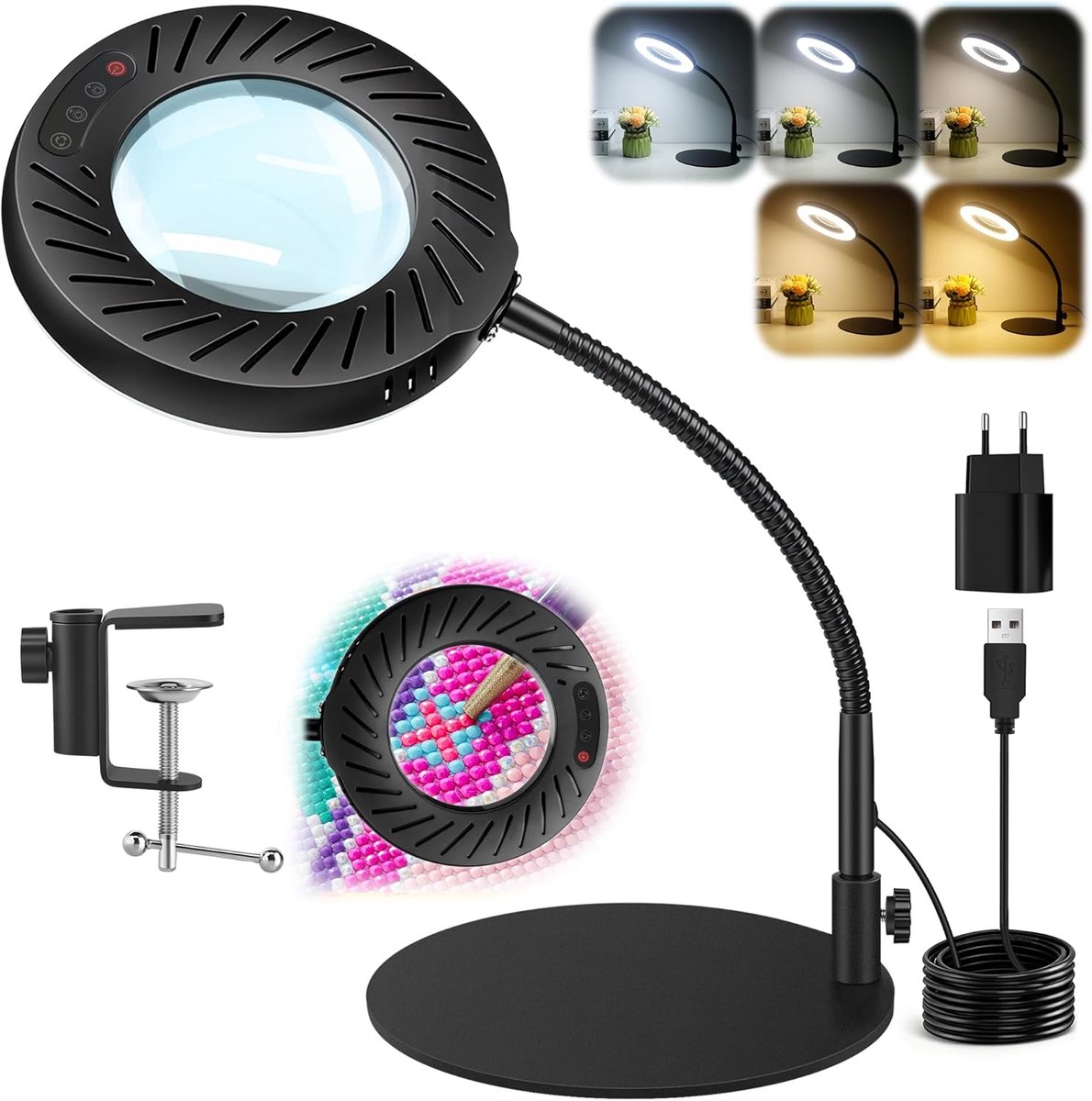 SnelShoppen - Vergrootglas met Licht en Standaard 12x Dimbaar LED Loep voor Handwerk, Naaien, Nail Art - 5 Kleuren, 9 Helderheden, Inclusief 2A Adapte