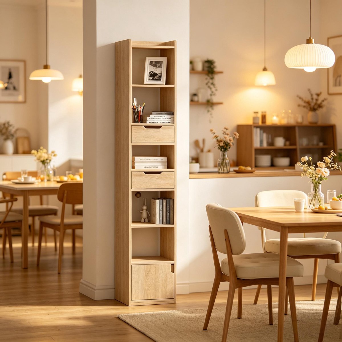 Boekenkast Opbergruimte - 33 x 181 x 24 cm - Hout Met Melaminefineer - Licht Eiken - Met 2 Lades, Deur En 6 Open Vakken