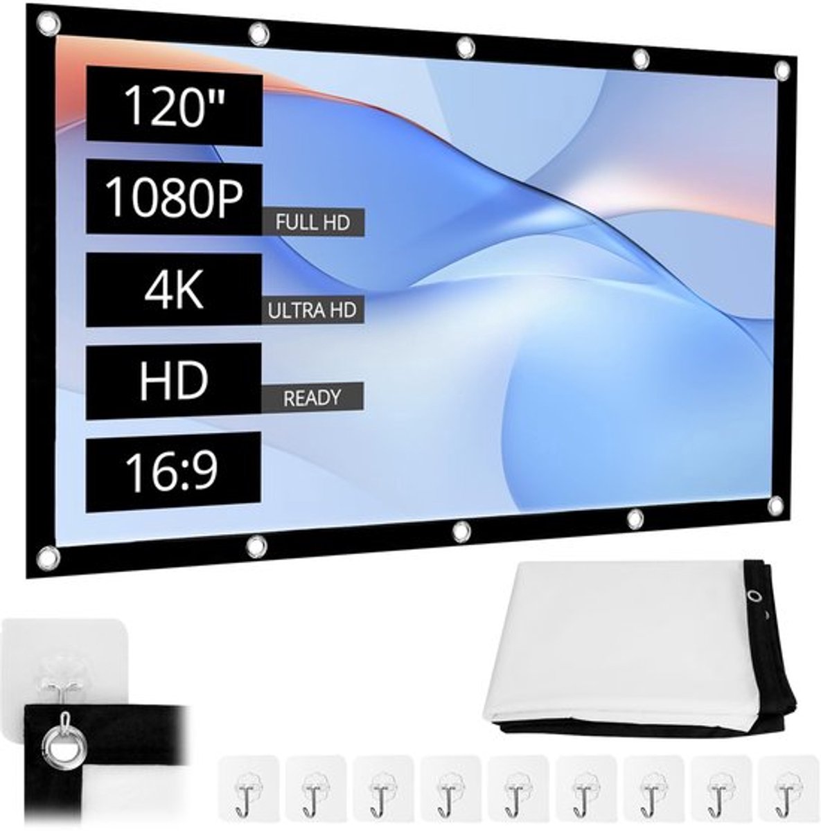 120 inch projectiescherm, 16:9 HD opvouwbaar beamerscherm, 265 x 150 cm anti-kreuk projectiescherm met accessoires, voor binnen en buiten gebruik