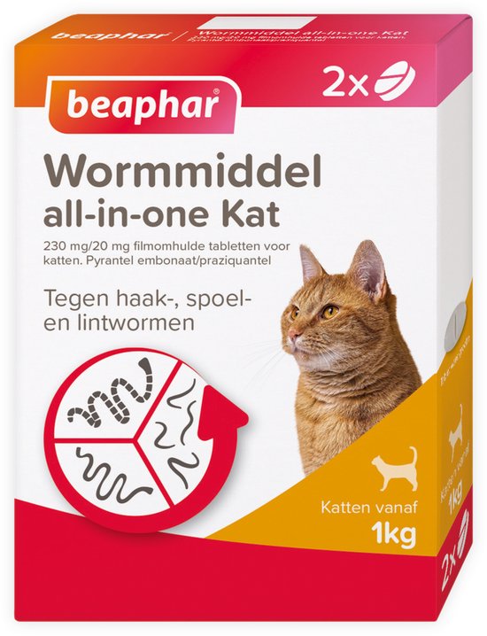 Beaphar Wormmiddel all-in-one Kat met een rode kat op de verpakking. Tegen haak-, spoel- en lintwormen.