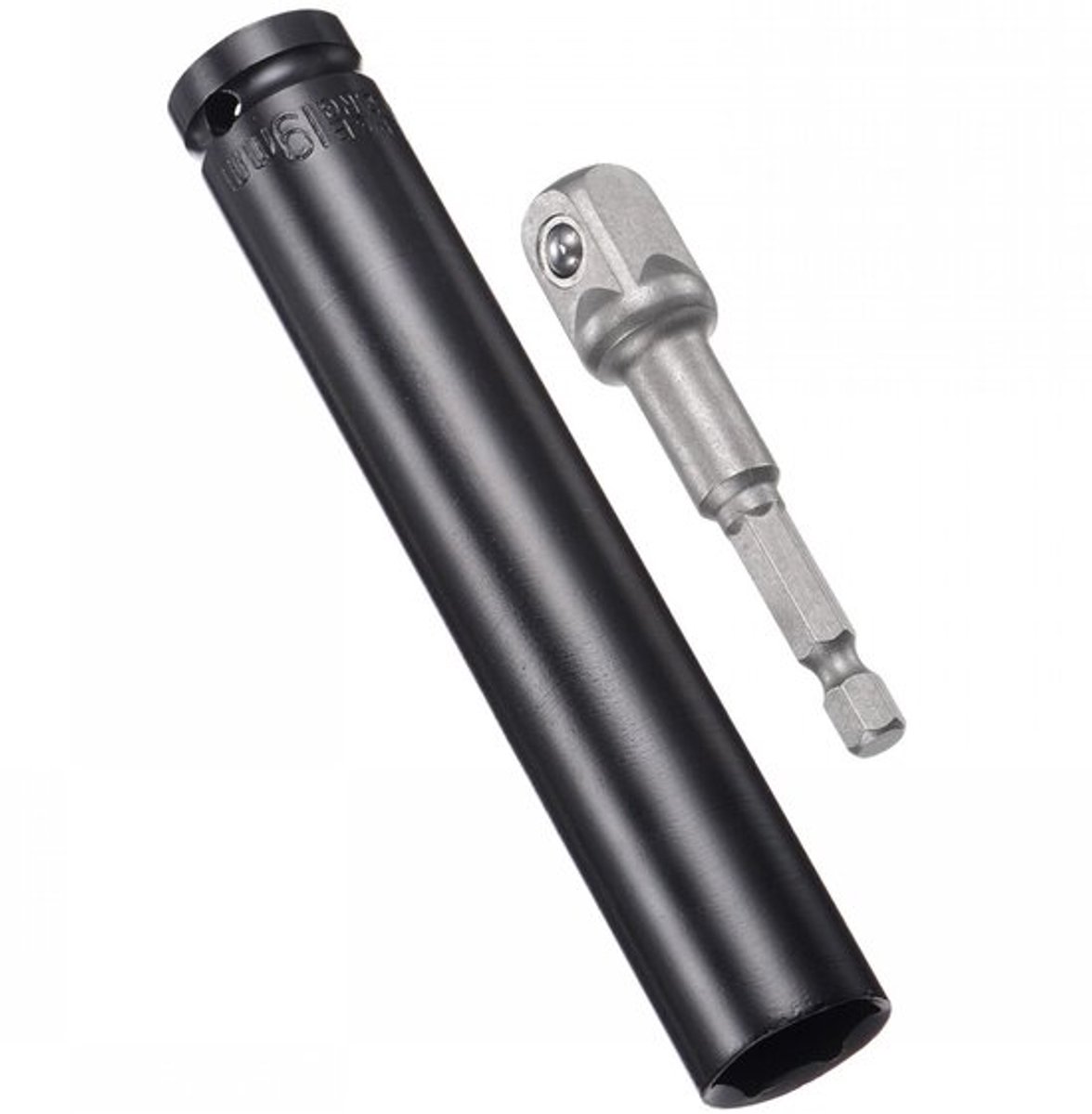 1/2" Drive Socket Accessoireset. 19mm Diepe 6-punts Impact Socket 6" Lengte en 1/4" Hex Shank Adapter