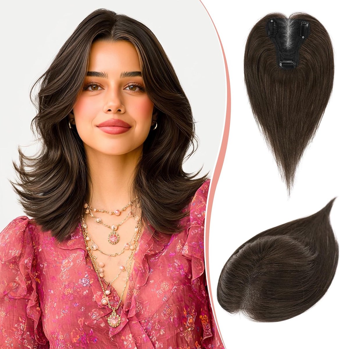 SnelShoppen - RUWISS Hair Toppers voor Vrouwen - Echt Mensenhaar Clip In Topper - Licht Donkerbruin met 15% Donker Cacao Blond - Voor Dunner Haar - Li