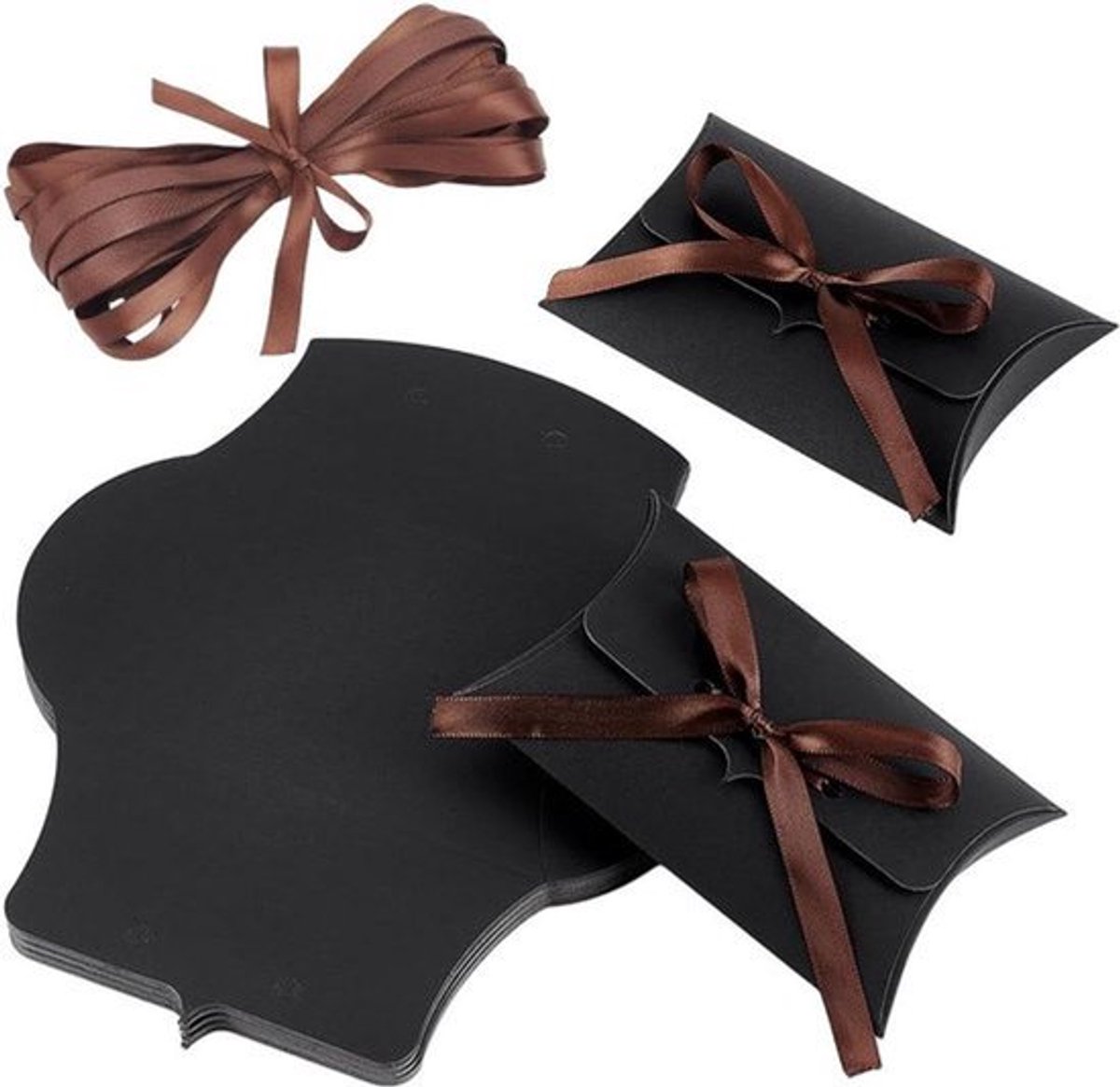 30 Stuks Kraft Kussen Dozen - 12.5x7.5x2.5cm - Zwart - Polyester Lint - Voor Bruiloft Feest - Chocolade Suikers - Biscuits
