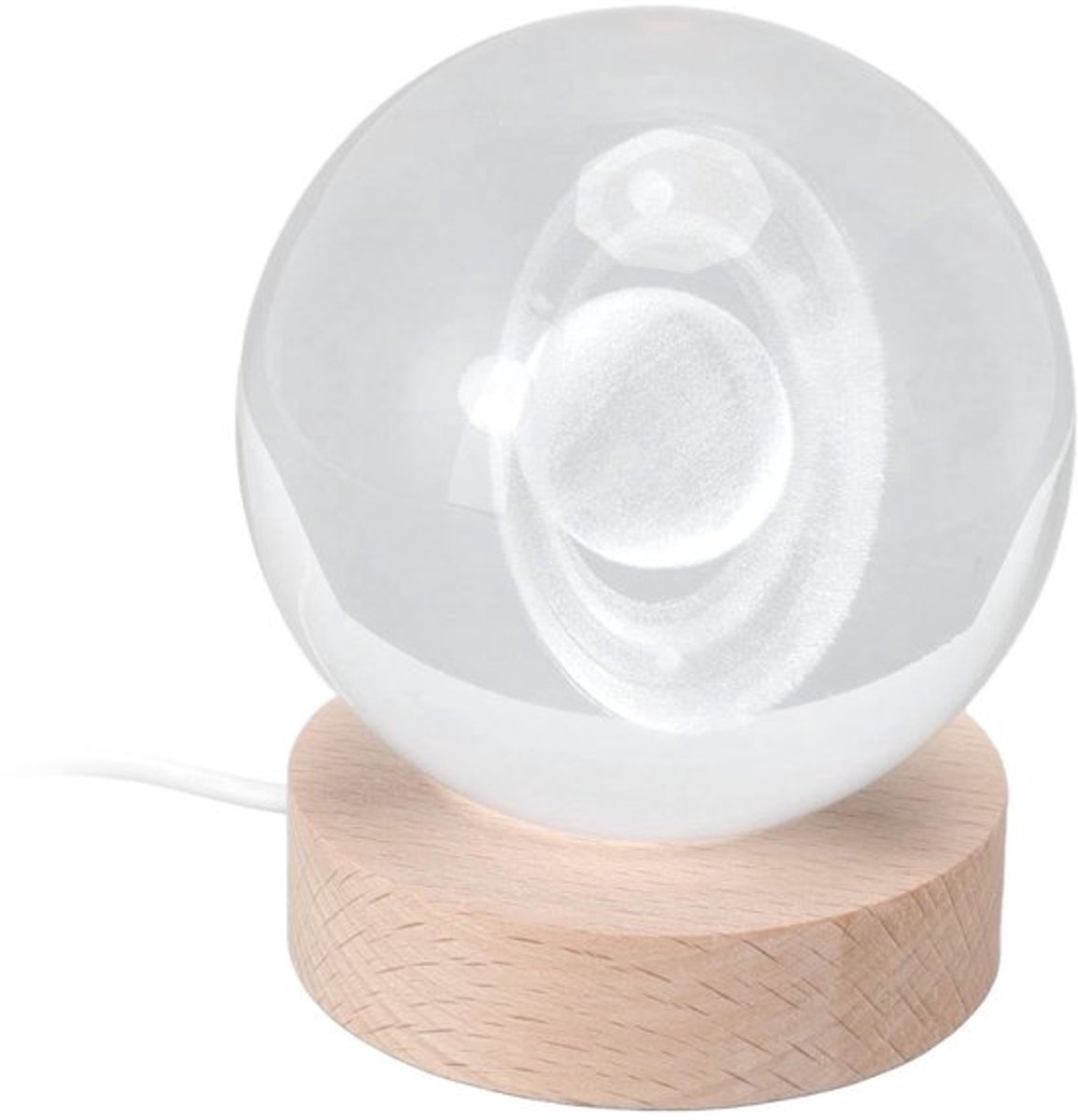 Saturn Nachtlamp, 3D Kristallen Bal, 8 cm, Heldere Binnen Nachtlamp, 7 cm Voetstuk, Houten Directe Socket, USB Interface, Maanlicht voor Tafel (Kleurrijk Licht)