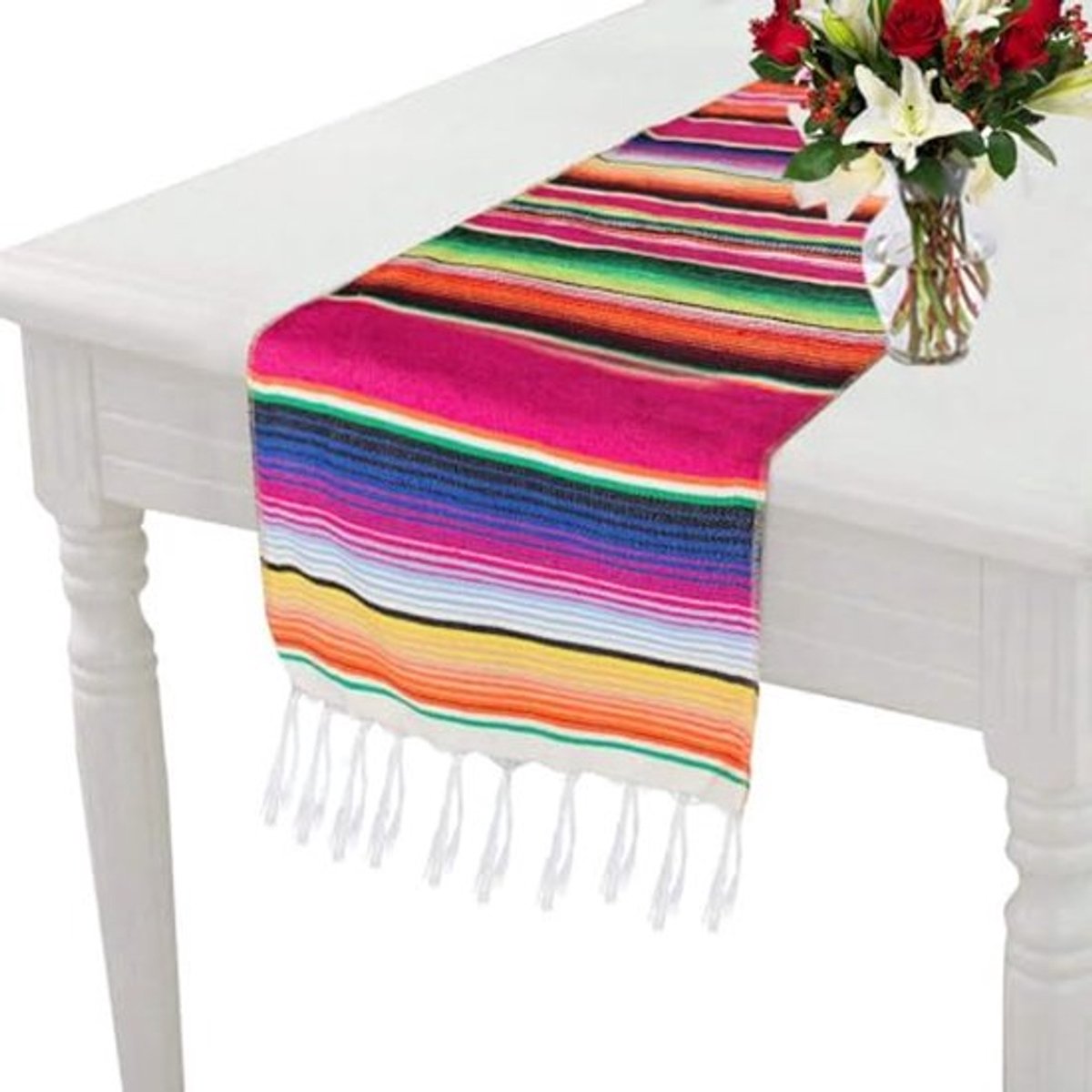 Mexicaanse zijden sjaal tafelkleed 14 x 84 inch Mexicaanse feestdecoratie picknicktafel buiten, kwastjes katoenen handgeweven tafelkleed