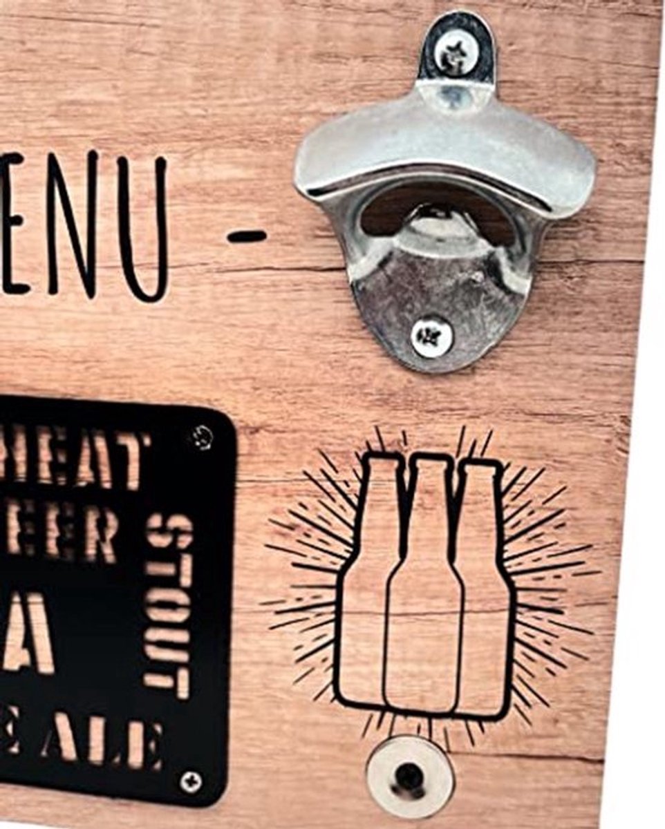 Houten Bieropener - Muurbevestiging - Met Magnetische Flessendop Houder - 20 x 30 cm