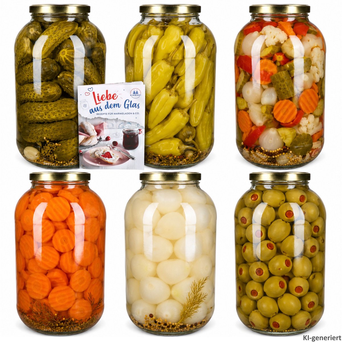 6-delige set inmaakpotten 4,25L TO 100 witte deksels incl. Diamant Gelierzauber receptenboekje