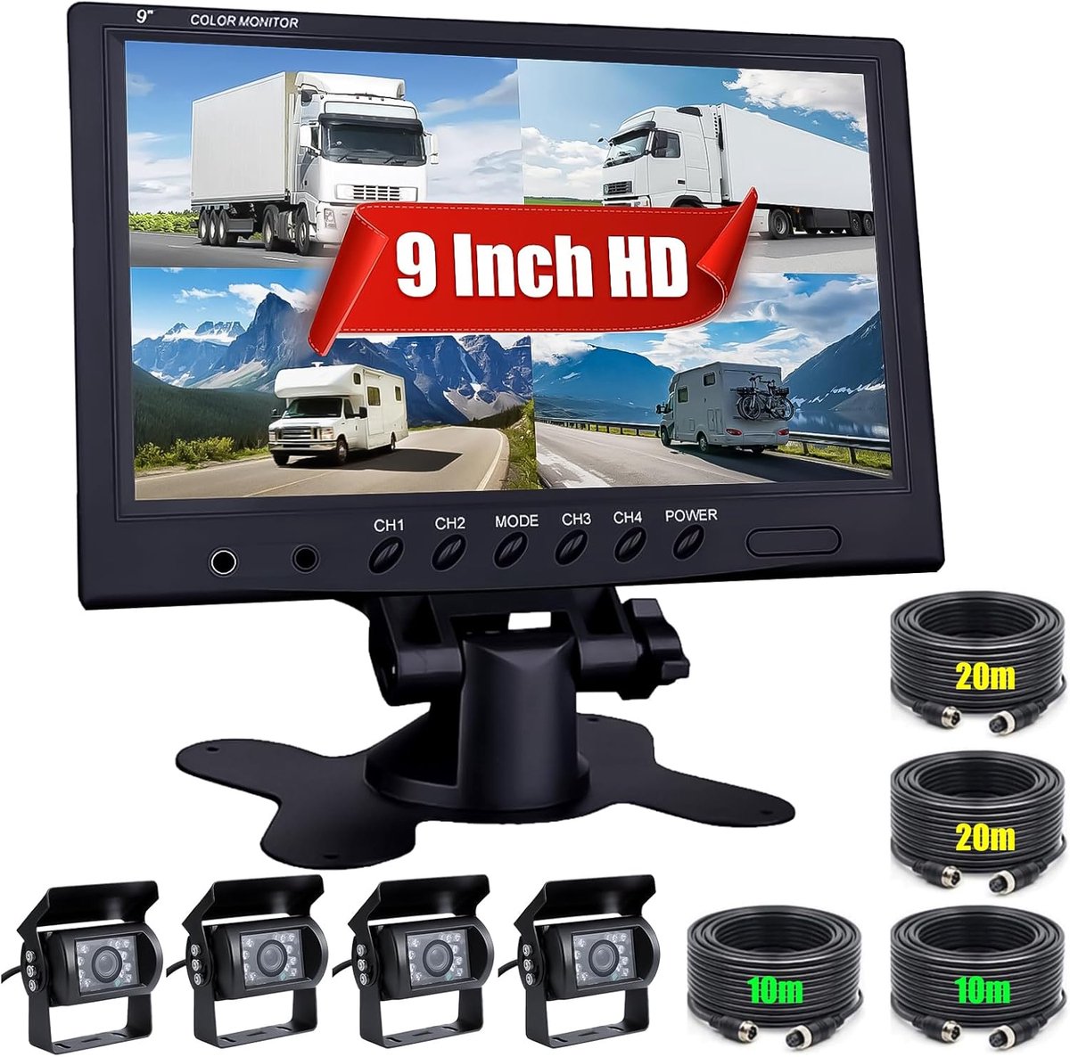 SnelShoppen - Achteruitrijcamera voor voertuigen met 9 inch IPS-monitor en 4-split scherm, 360° draaiende camera, HD glazen lens, IP68 waterdicht, ide