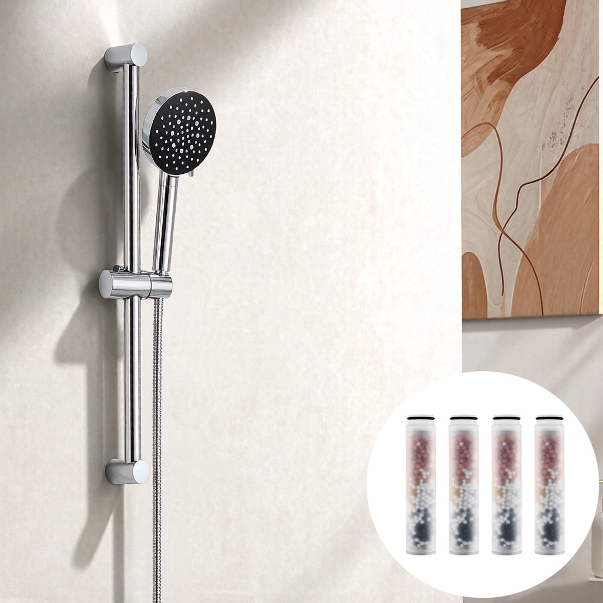 Auralum Max Doucheset met Handdouche - 70 cm Glijstang - Douchekop met 4 Filters en 150 cm Slang - 6 Straalstanden - Complete Glijstangset - Doucheset met Doucheslang - Chroom+Zwart