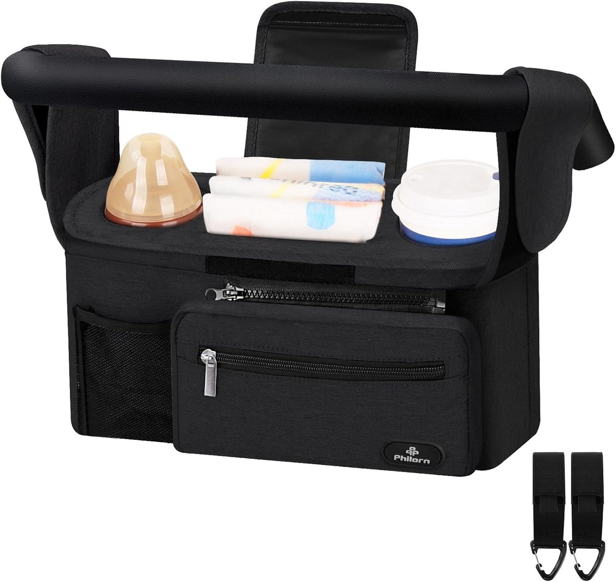 SnelShoppen - Kinderwagen tas met geïsoleerde bekerhouder, buggy organizer voor baby essentials, universele pasvorm voor Joie, YOYO, afneembaar vak me