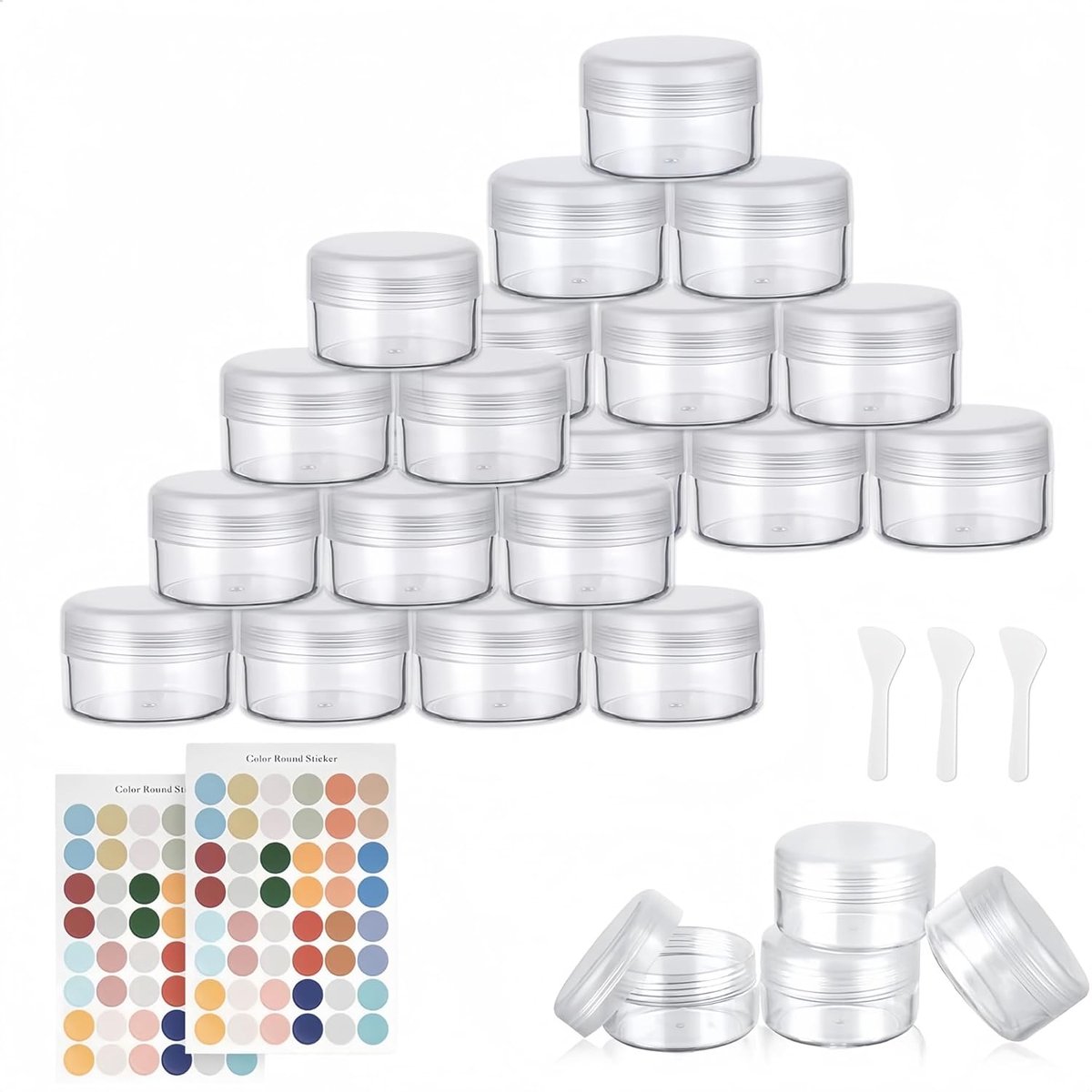SnelShoppen - Flintronic Plastic Cosmetische Pot 24 Stuks - Transparante Monstercontainer met Zwarte Schroefdop, Sticker en Lepel - Voor Cosmetica, Cr