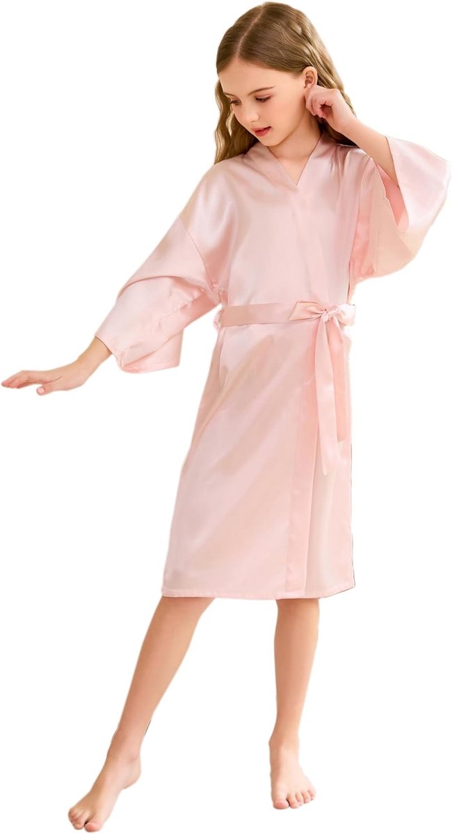SnelShoppen - Schattige Satijnen Zijde Kimono-Badjas voor Kinderen, Meisjes, Roze, 5-7 Jaar, Perfect voor Spa, Bruiloft, Verjaardagsfeest en Feestjurk
