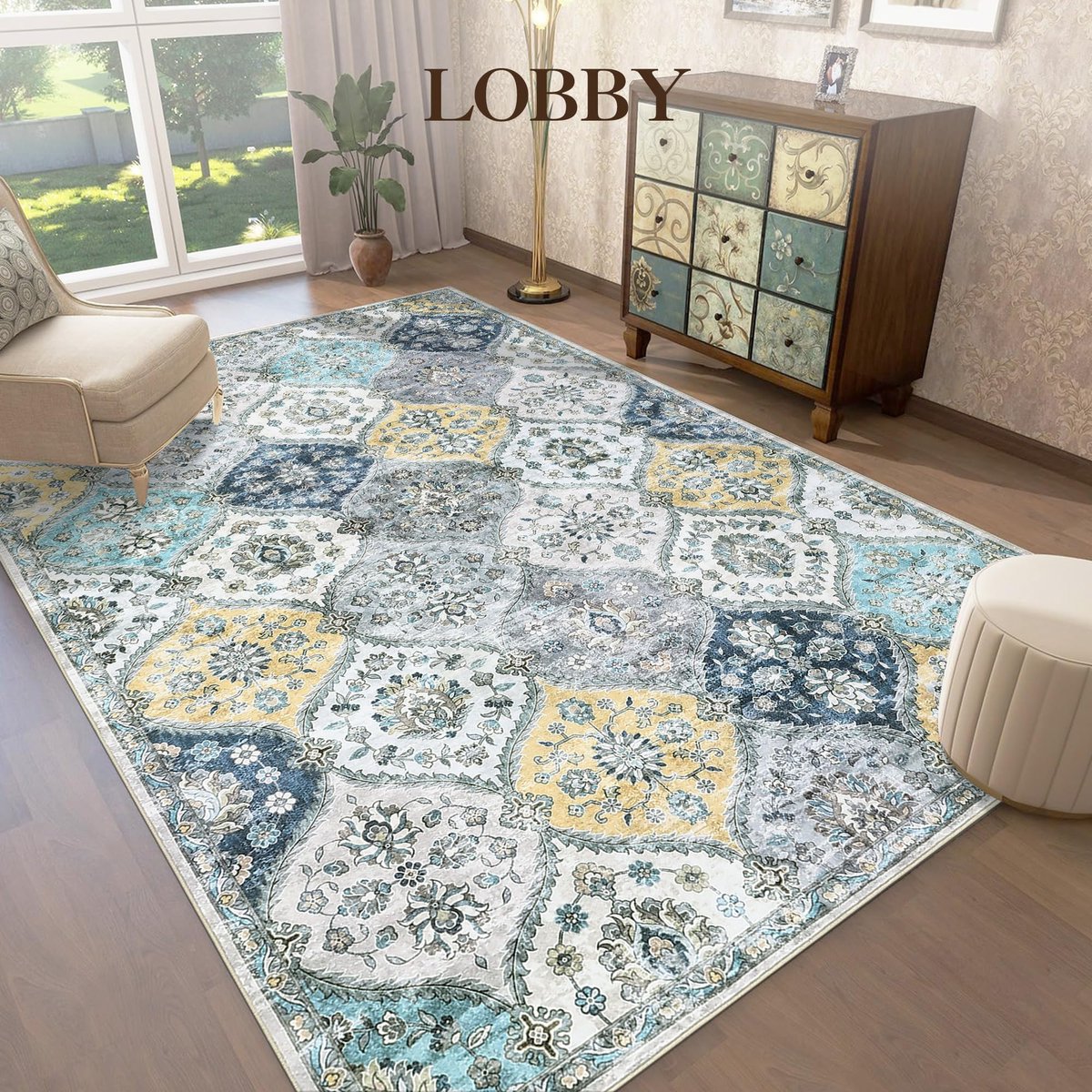 Vintage bloemen vloerkleed - 200x290cm - Marokkaans traliewerk vloerkleed voor de woonkamer - Blauwgeel