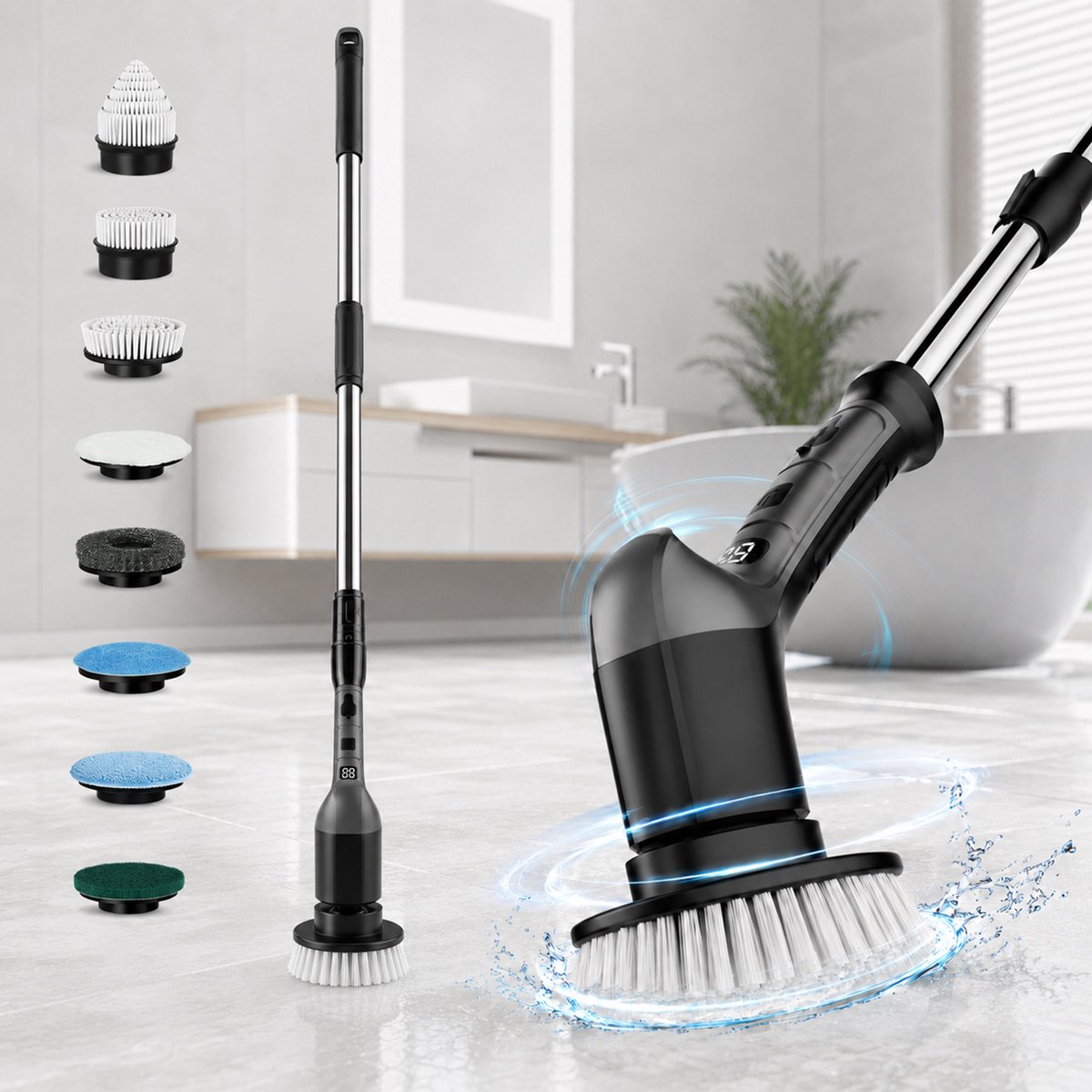 Rosnek Elektrische Schoonmaakborstel - Schrobborstel met Steel - Draadloze Schrobber voor Badkamer - 3 Snelheden - 8 Opzetborstels - Uitschuifbare Steel 28-119 cm - Voor Tegels, Douche & Keuken - 1 Stuk