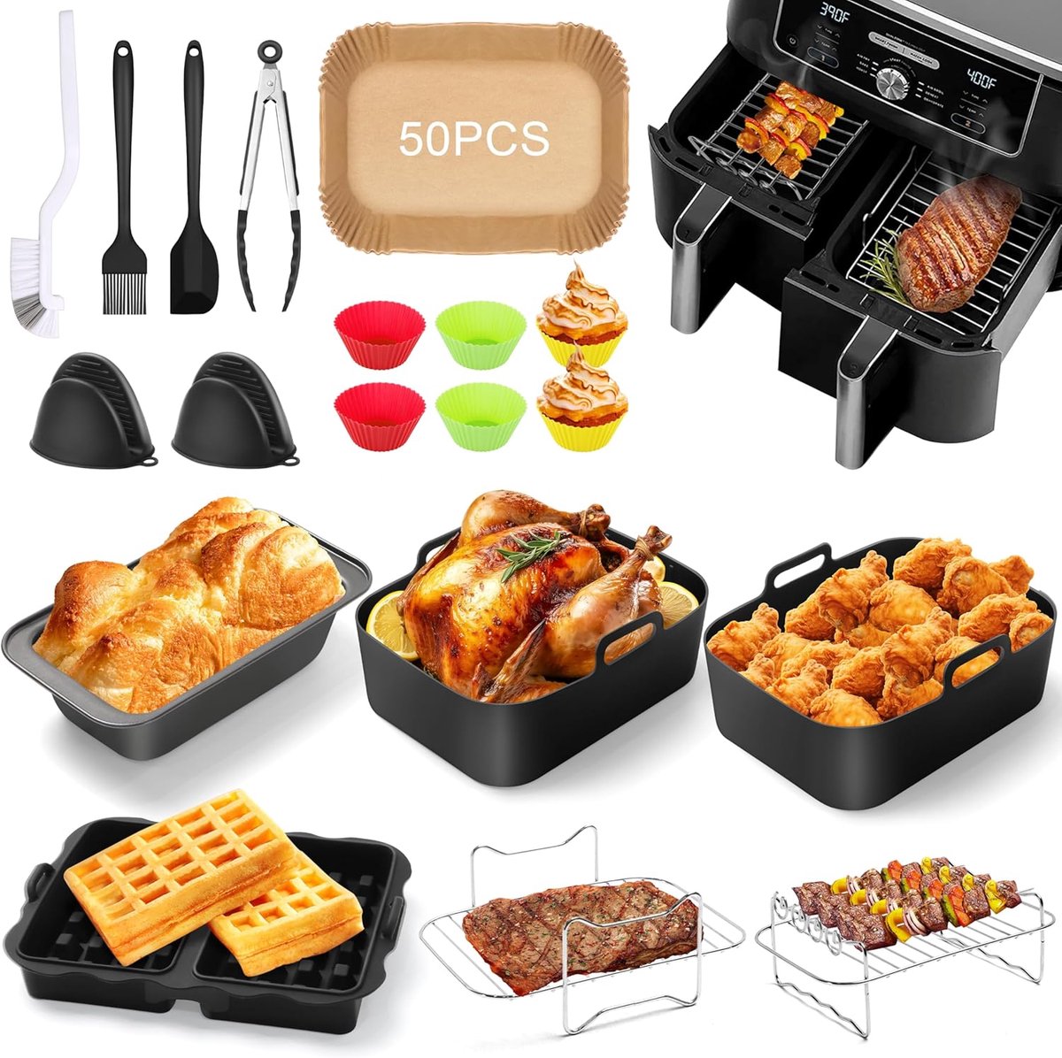 SnelShoppen 23-delige Heteluchtfriteuse Accessoires Set voor Ninja Foodi Max Dual Zone 7.6L-9.5L Siliconen Mallen Spiesrek Taartvormen Wafelvor