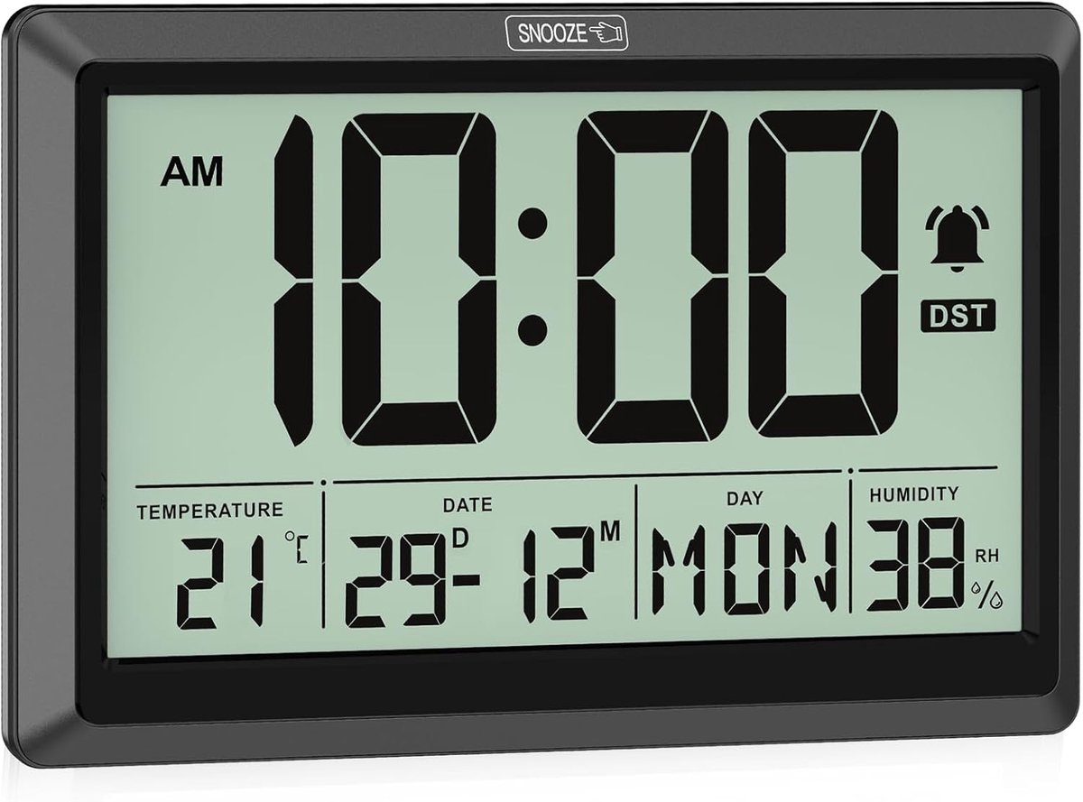 SnelShoppen - Digitale Wand- en Tafelklok met HD-LCD-display, Wekker, Sluimerfunctie, Temperatuur en Vochtigheid, 19,4 x 10,4 cm, Batterij-aangedreven