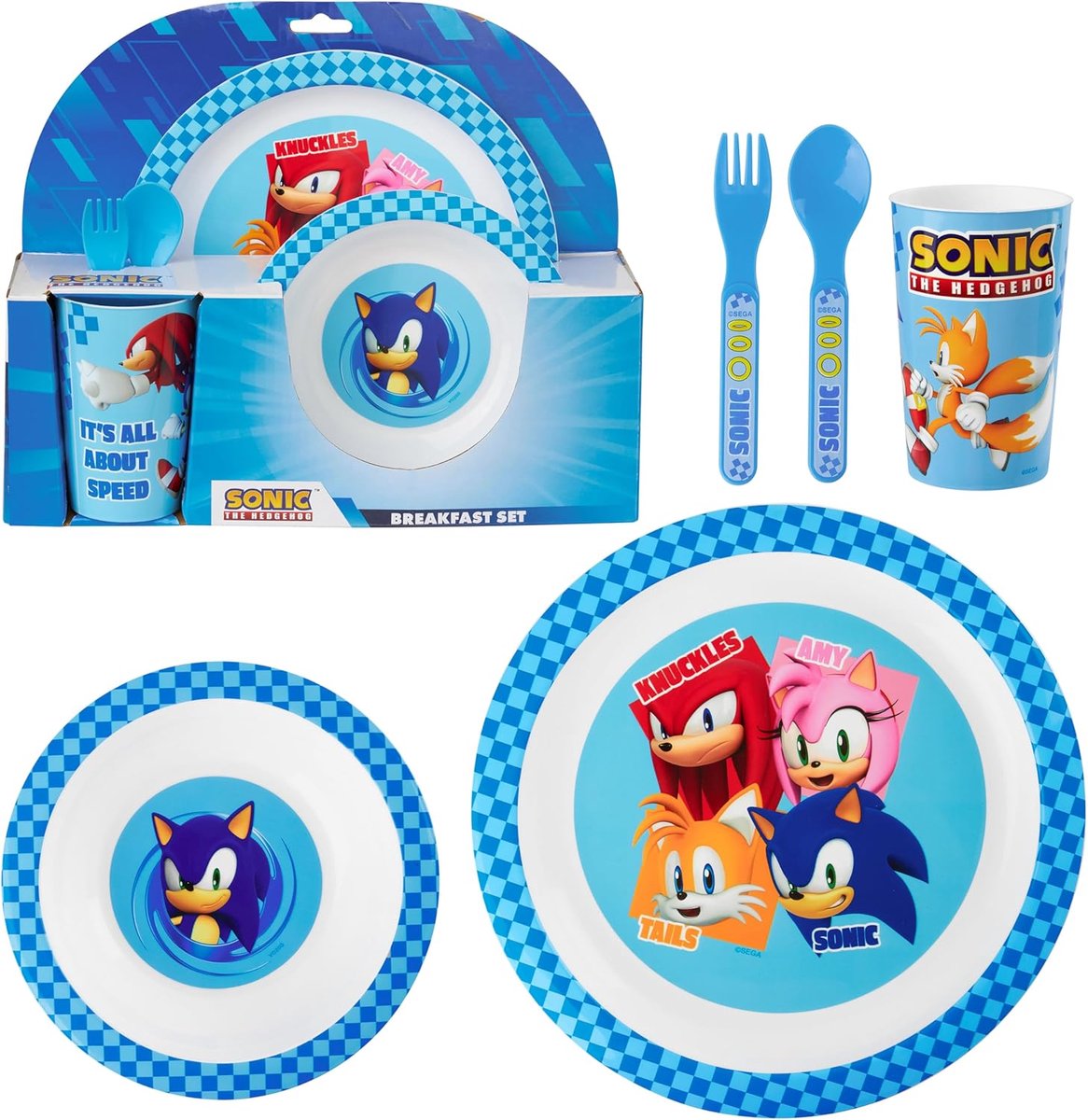 SnelShoppen - Kinderservies Set 5-delig - Herbruikbaar Plastic Bord, Kom, Beker, Lepel en Vork - BPA-vrij - Blauw - Perfect voor Kinderen, Feesten, Ke