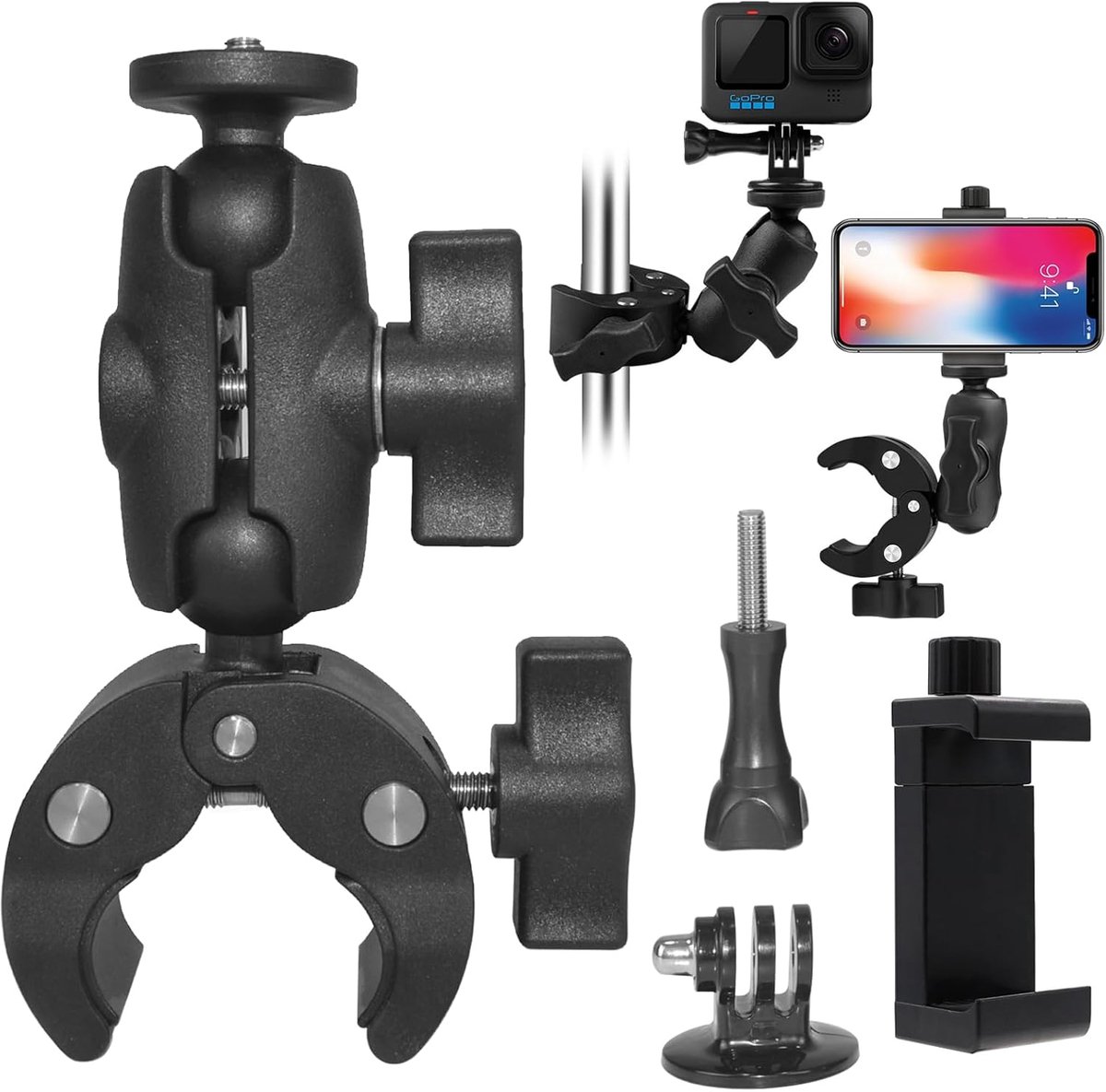 SnelShoppen - Action Camera Stuurhouder 360° Rotatie, Smartphone Clip Voor Fiets en Motor, Universele Stuurklem, Statief Adapter, Geschikt Voor Divers