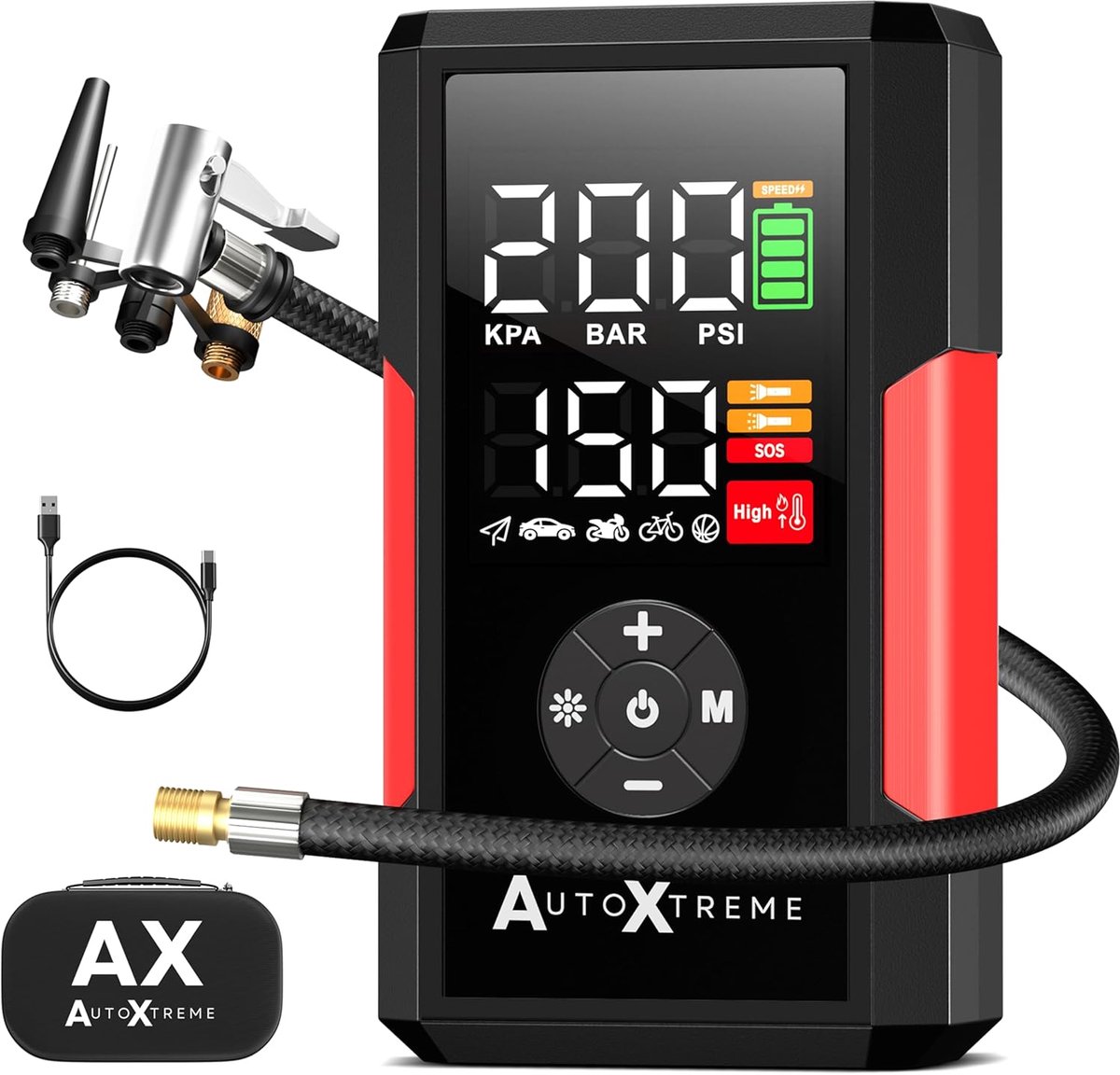 SnelShoppen - Air-200 Draagbare Draadloze Luchtcompressor - Bandenpomp voor Auto, Motor & Fiets - 10,3 BAR - Automatische Stopfunctie, LED-display, 6.