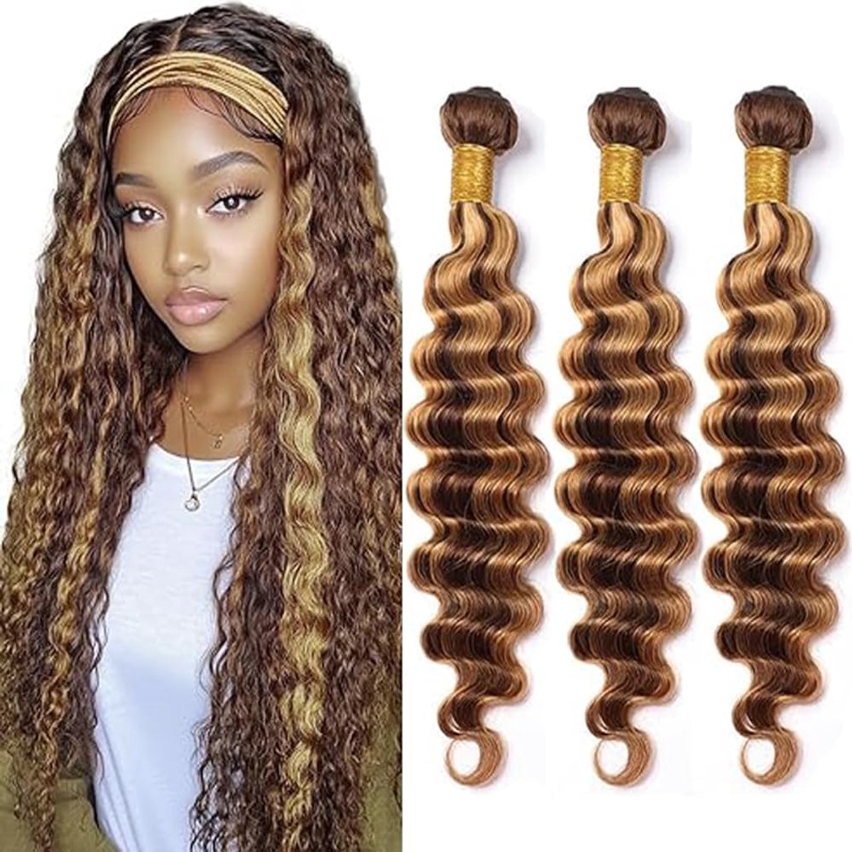 SnelShoppen - 32 Inch Deep Wave Menselijk Haar Bundels - Hoogtepunten Bruin - Onverwerkt Remy Haar Extensions - Double Weft Pruik voor Vrouwen - Gesch