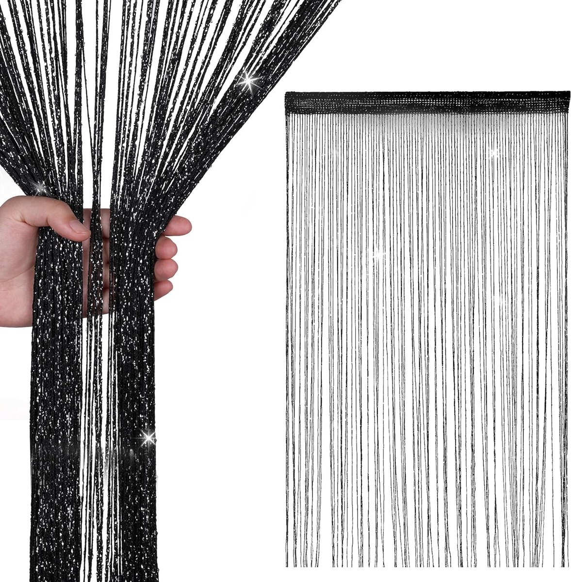SnelShoppen - Draadgordijn met Glitter 90x200 cm - Zwart Vliegengordijn & Kamerverdeler voor Deur en Raam - Decoratie met Franjes voor Feesten, Bruilo