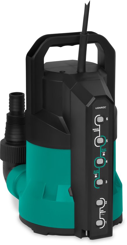 Zwarte en groene dompelpomp met een handvat, stekker en instelbare niveaus.