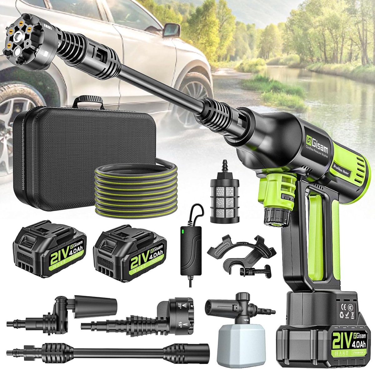 SnelShoppen - Draadloze Hogedrukreiniger 120 Bar - Highsam Pressure Washer met 2 Accu's 4,0 Ah - 6-in-1 en 180 Graden Draaimondstuk - Ideaal voor Tuin