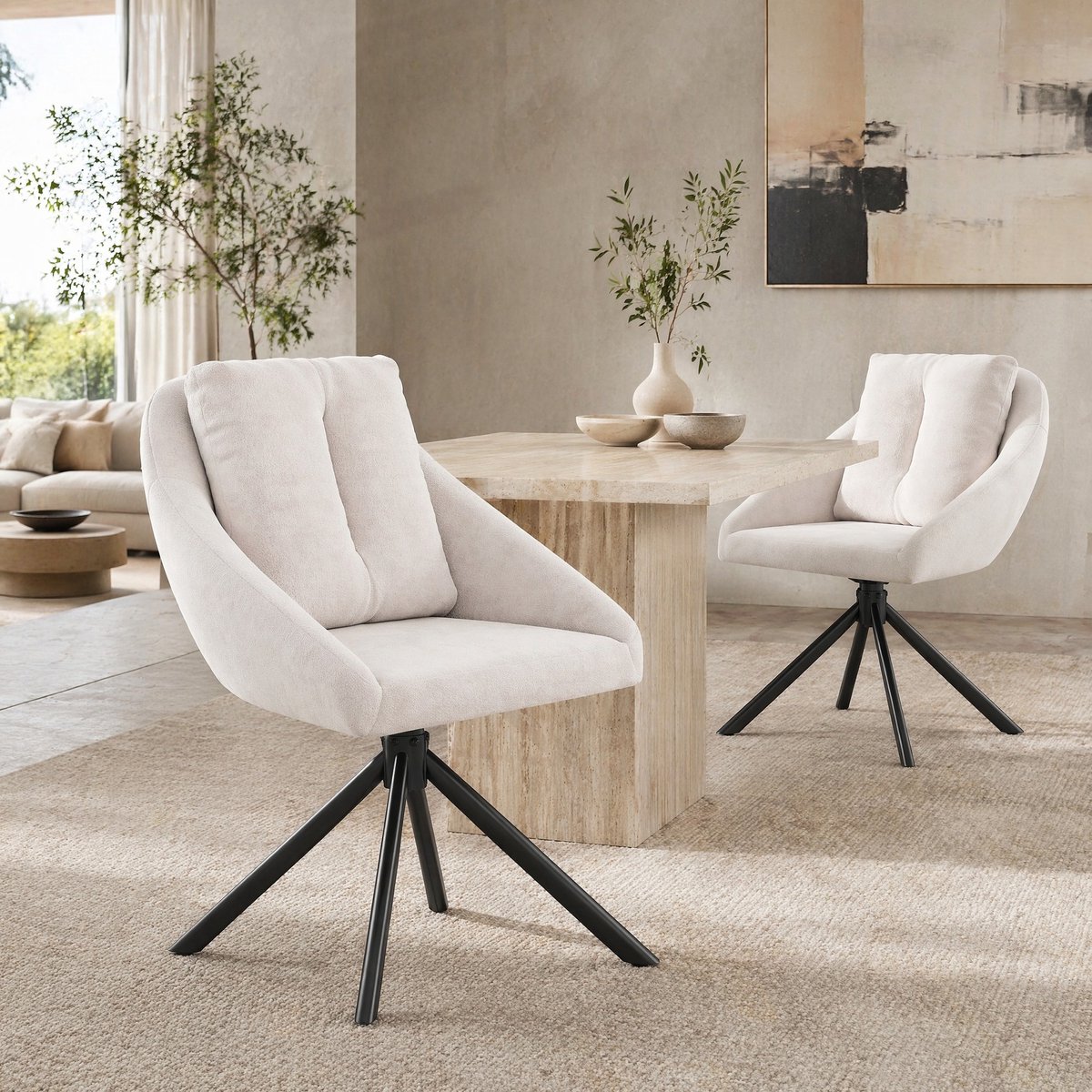 COVREO Draaibare eetkamerstoel set van 2 59 x 65 x 79 cm - beige velvet, metalen onderstel
