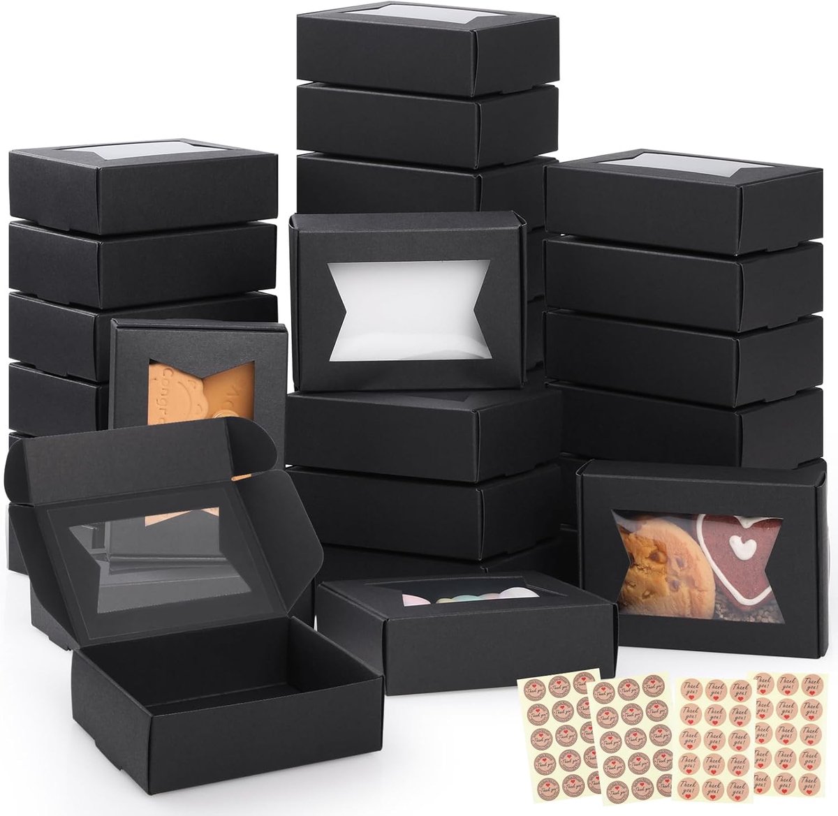SnelShoppen - 40 Stuks Kraftpapieren Dozen met Kijkvenster voor Kerstkoekjes, 9,7 x 7 x 3 cm, Bruin/Wit, Ideaal voor Bakwaren, Snoepdozen, Gebak, Muff