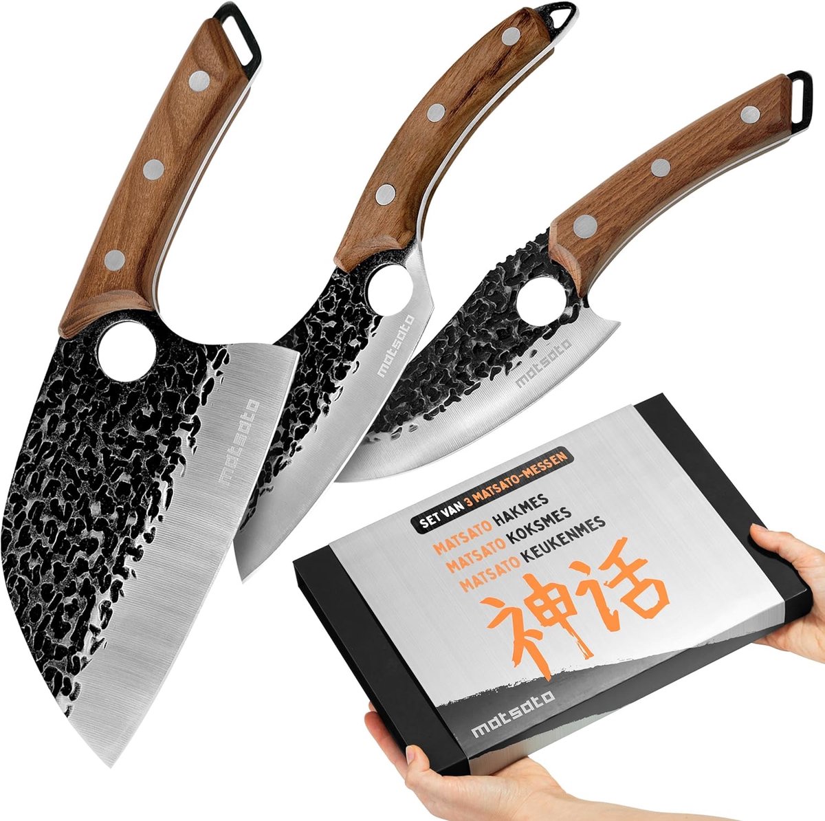 SnelShoppen - 3-delige Messenset - Chefmes, Hakmes en Keukenmes van Roestvrijstaal met Ergonomisch Beukenhouten Handvat - Perfect voor Koken, BBQ, Sni