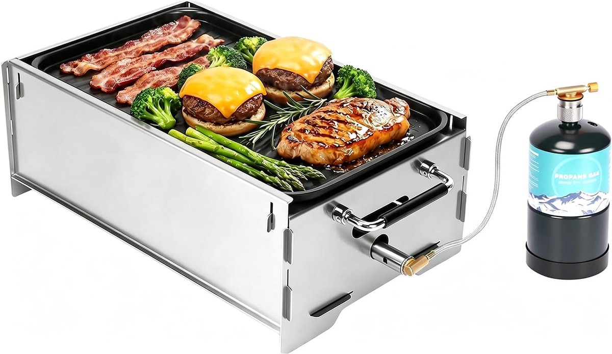 SnelShoppen - Draagbare gasgrill en houtskool grill voor camping, tuin en balkon - Inclusief gietijzeren grillplaat, draagtas, vierkant roestvrij staa