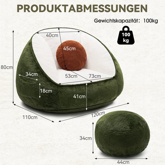 Afmetingen van de avocadogroene zitzak en poef. Gewichtscapaciteit 100kg.