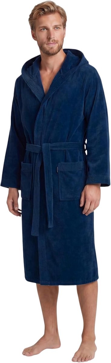 SnelShoppen - Badjas Heren met Capuchon 100% Katoen Frottee OEKO-TEX® Velours Morgenmantel Lang Finn Donkerblauw XL voor Sauna, Wellness en Ontspannin