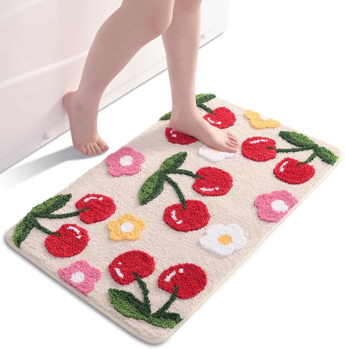 SnelShoppen - Beige Badkamertapijt Kersenbadmat Antislip Wasbaar 50x80 cm Zachte Microvezel Kleurrijke Bloemen Douchemat Absorberend