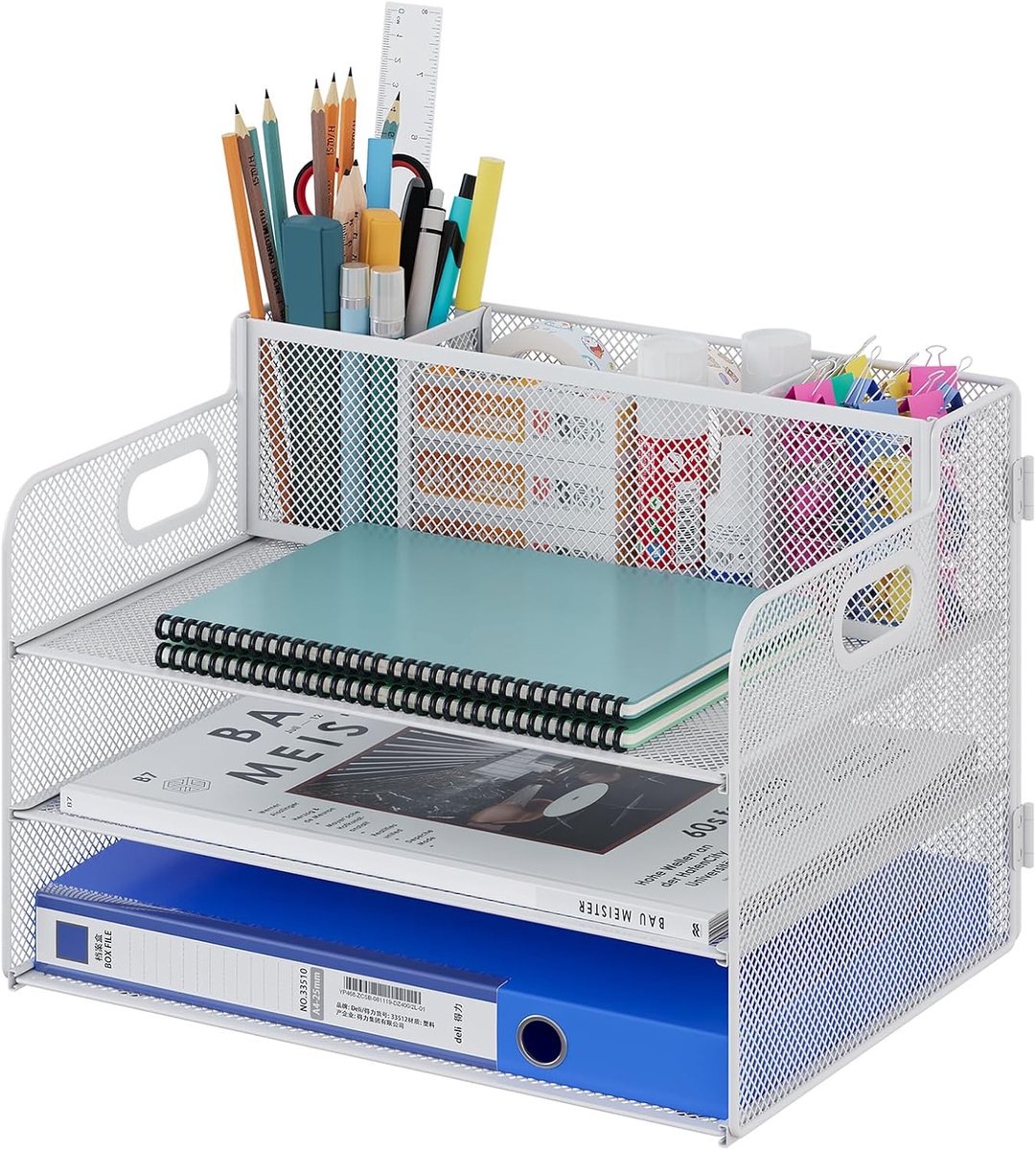 SnelShoppen - Bureauplank A4 met 3 Vakken - Metalen Net, Bureau-Organizer, Brievenbakje voor Thuis en School, Wit - Perfect voor Kantoor en Studie