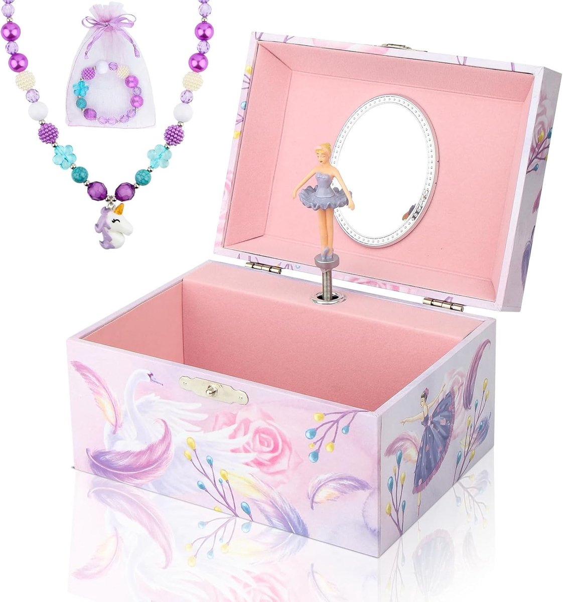 SnelShoppen - Sieradenkistje met Muziekdoos voor Meisjes, Eenhoorn Sieradenset, Kinderjuwelenkistje met Ballerina, Roze, Perfect voor Feestjes en Crea