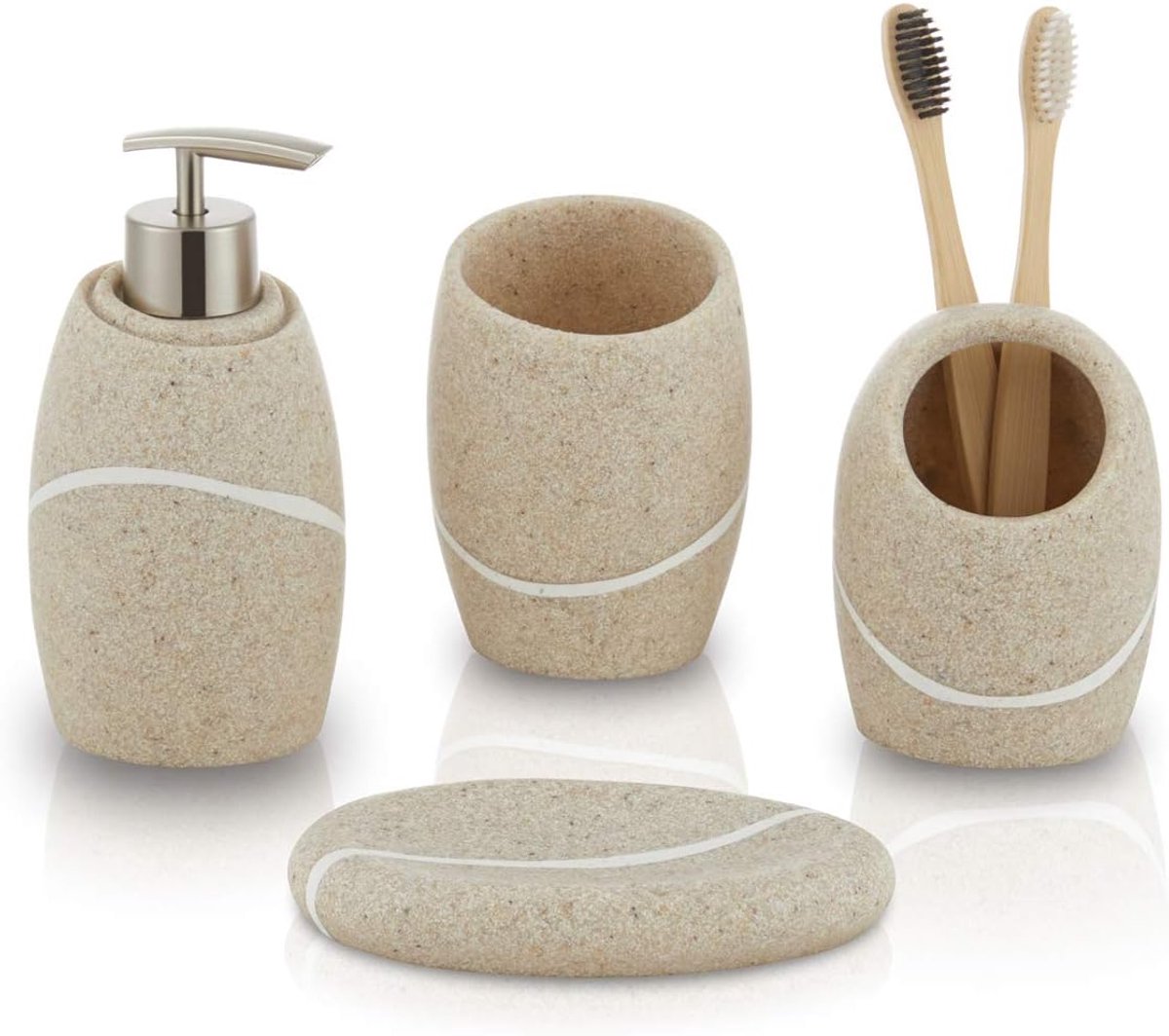 SnelShoppen - Beige badkameraccessoireset 4-delig - Organizer met tandenborstelhouder, zeepdispenser, make-upbak en zeepbakje - Duurzaam polyhars met