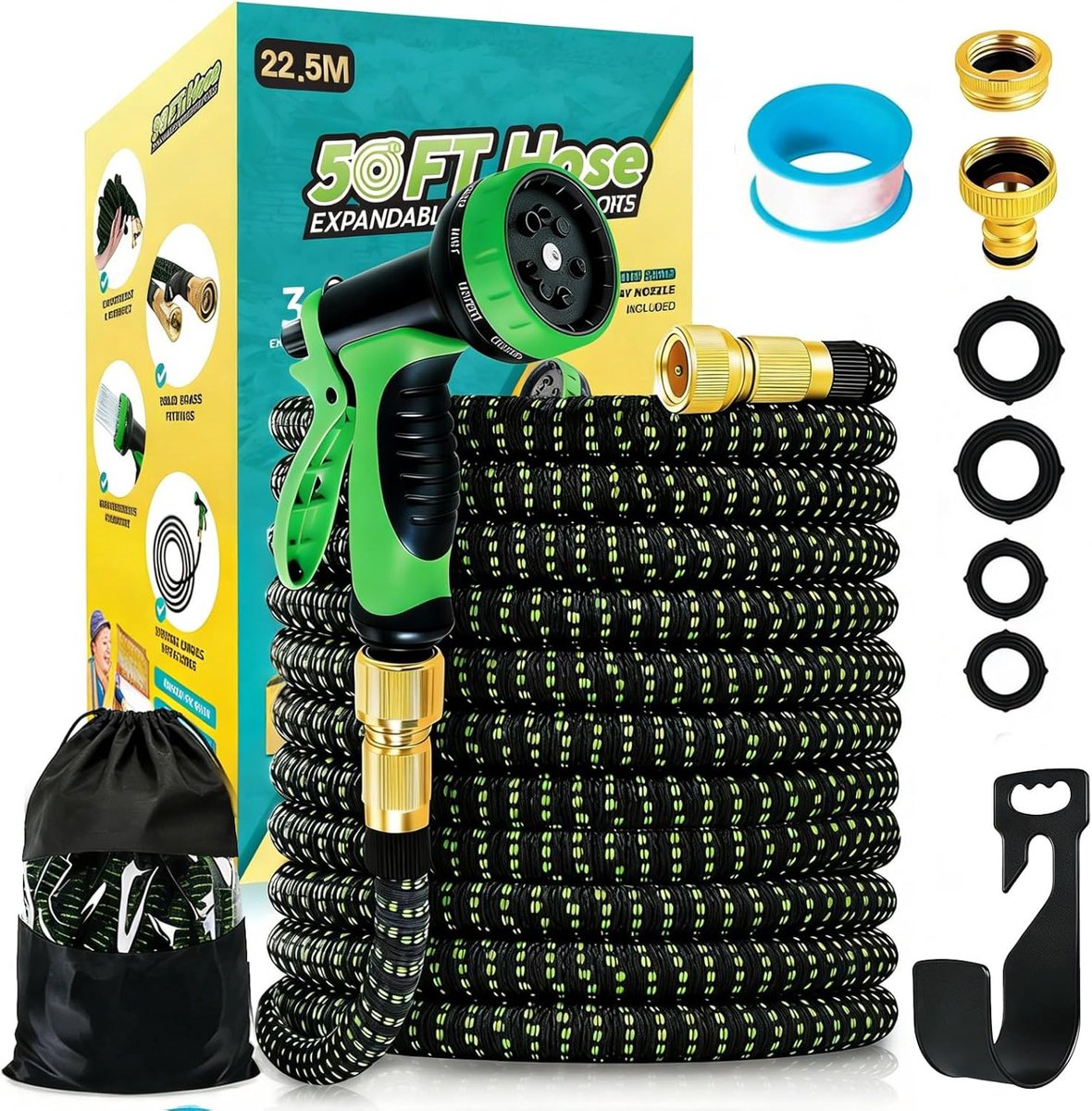 SnelShoppen - Flexibele Premium Tuinslang 30 Meter - 3-Laags Latex Waterslang met 3/4" en 1/2" Metalen Koppelingen voor Tuinirrigatie, Groen, Ideaal v