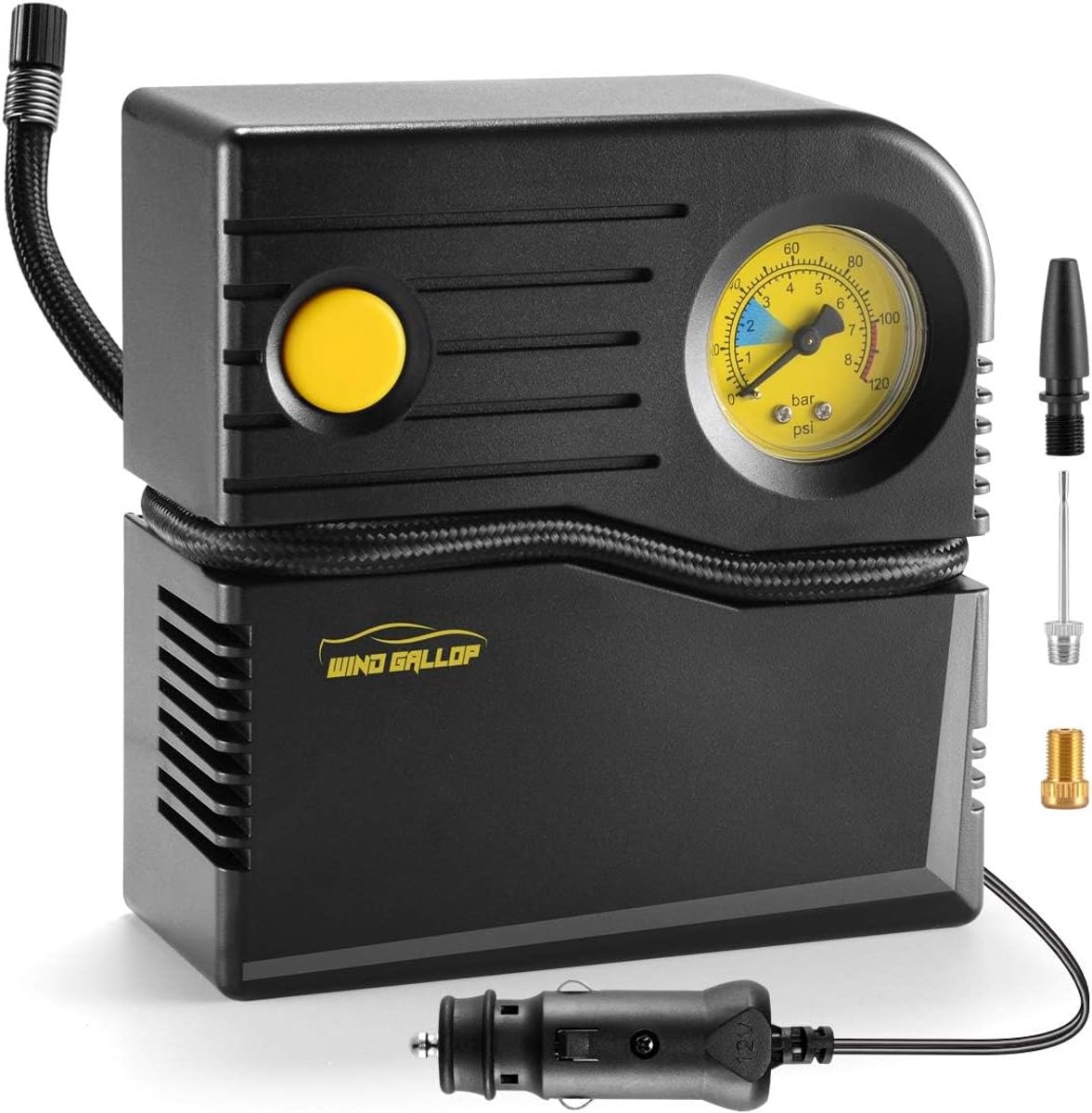 Thijox - Draagbare Luchtcompressor Bandenpomp met Manometer - 12V DC Elektrische Auto Fiets Motor Bandenpomp - Compact en Krachtig in Geel