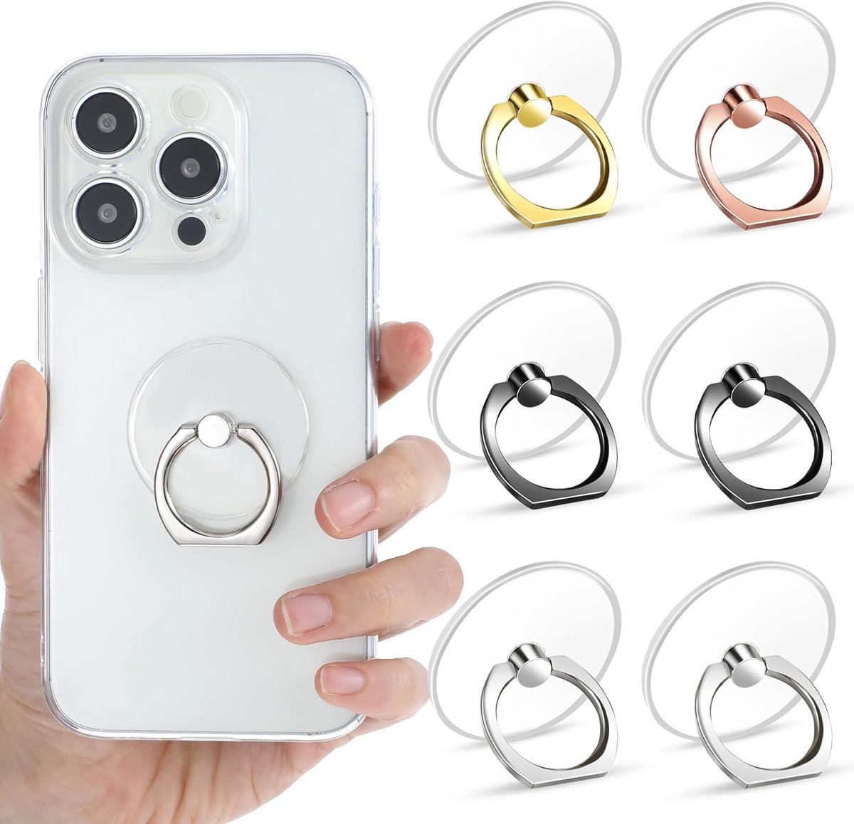 SnelShoppen - Set van 6 Telefoonringhouders Transparant 360 Graden Draaibaar Mobiele Telefoonhouder Vinger Ringhouder Compatibel met Telefoonhoesje en