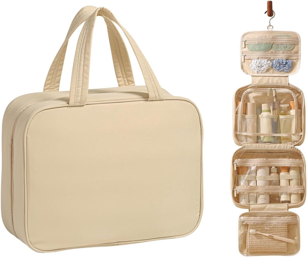 Thijox - Hangende Toilettas Dames - Draagbare Waszak voor Reisformaat Essentials met Haak - Reismake-uptassen voor Toiletartikelen en Cosmetica - Beig